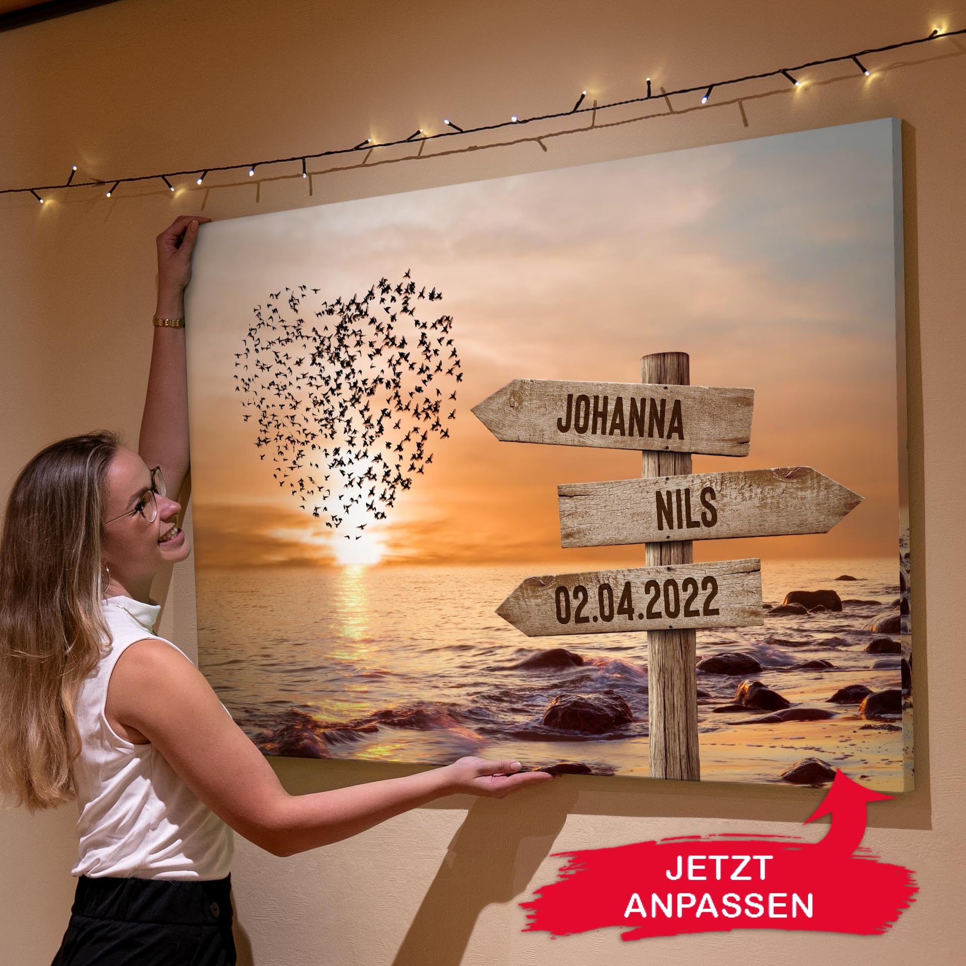 Liebesleinwand Das sind wir Leinwand: Sonnenuntergangsliebe | Leinwandbild mit Namen und Datum | Wandbild gestalten | Jahrestag Geschenk für Frau Freundin Mann Freund