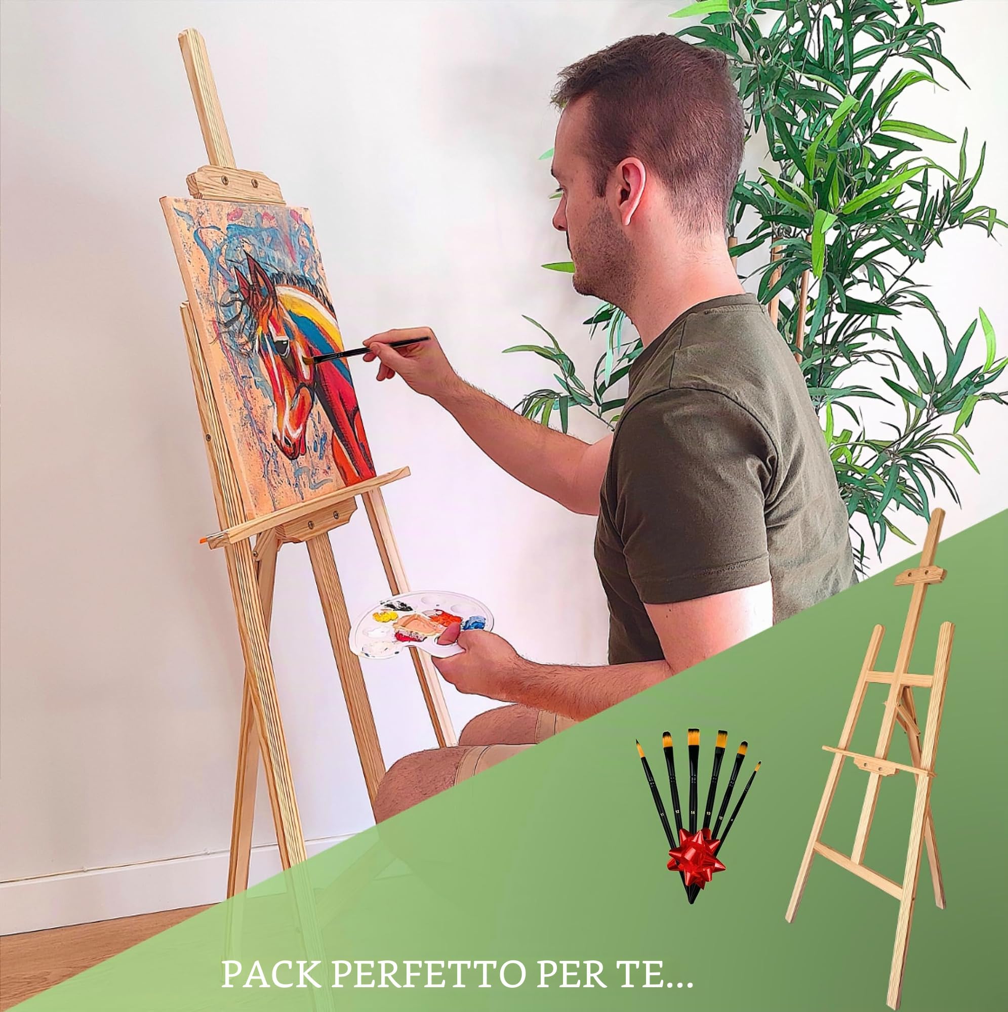 Cavalletto acrilico professionale 150 cm include pennelli. Cavalletto pittura per tele grandi e piccole. Cavalletto in legno pieghevole e regolabile in altezza. Supporto per tele e esposizione a