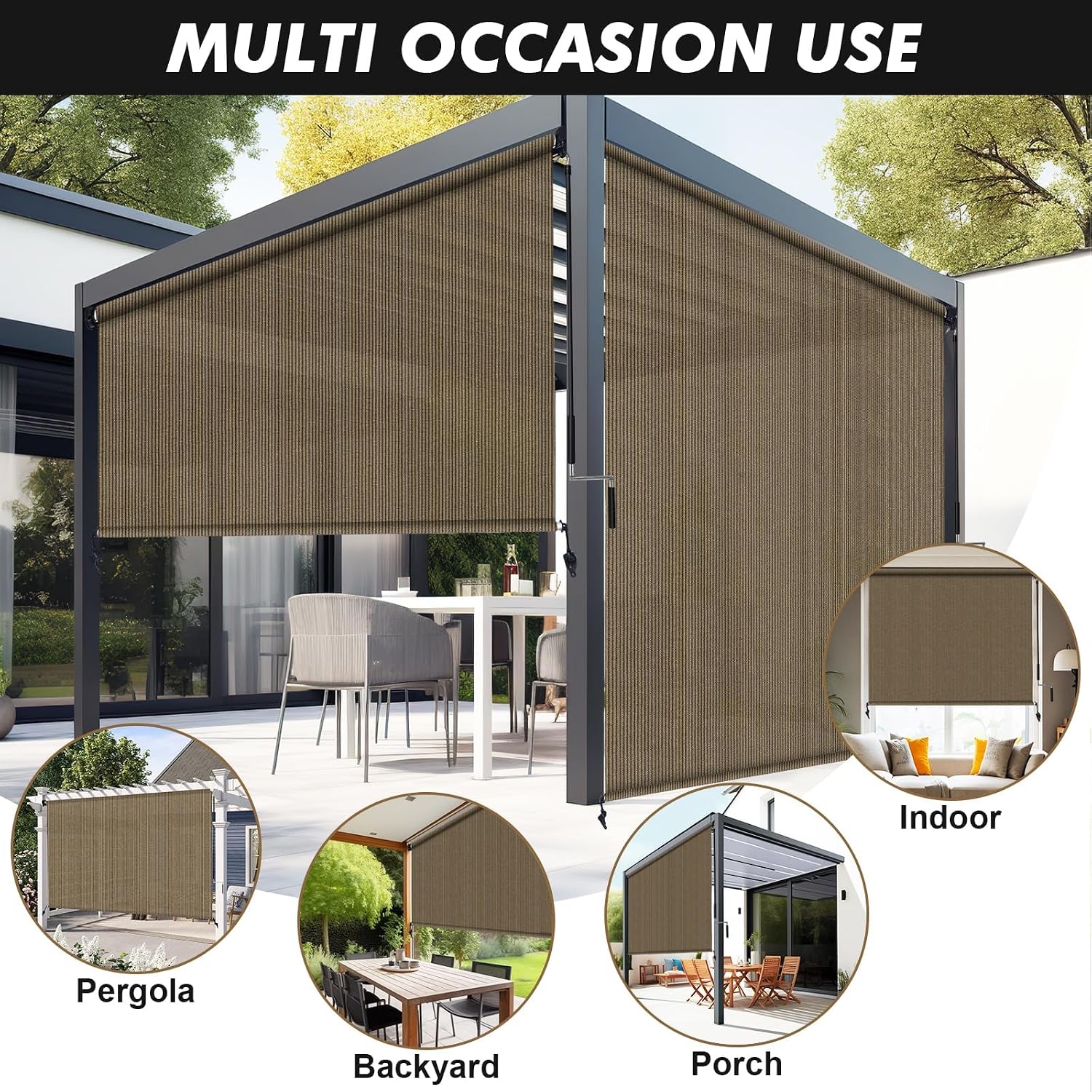 Artpuch Patio Shades Roll Up Outdoor Roller Shade (8'Wx6'H), Cordless Exterior Roller Blinds Cloth for Porch Pergola Gazebo, Walnut