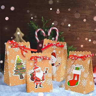 Small Gift Boxes, Christmas Gift Bags 16PCS, Loot Bags, Goodie Bags for Party Holiday New Year Gift Decorations, Treat Bags Kraft Paper for Candy Cookie Chocolate Snack Wrapping