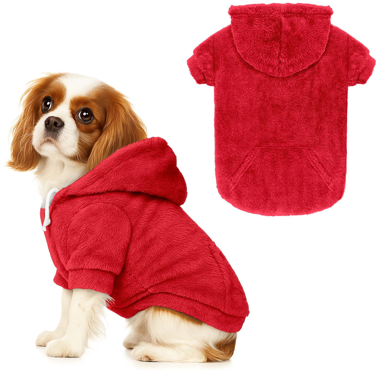 Dog Sweaters for Medium Dogs,Dog Hoodie,Warm Fuzzy Fleece Sweatshirt with Hood & Pocket,Leash Hole,Cozy Cold Weather Pet Clothes Pet Sweater for Small Dogs(Red,M)