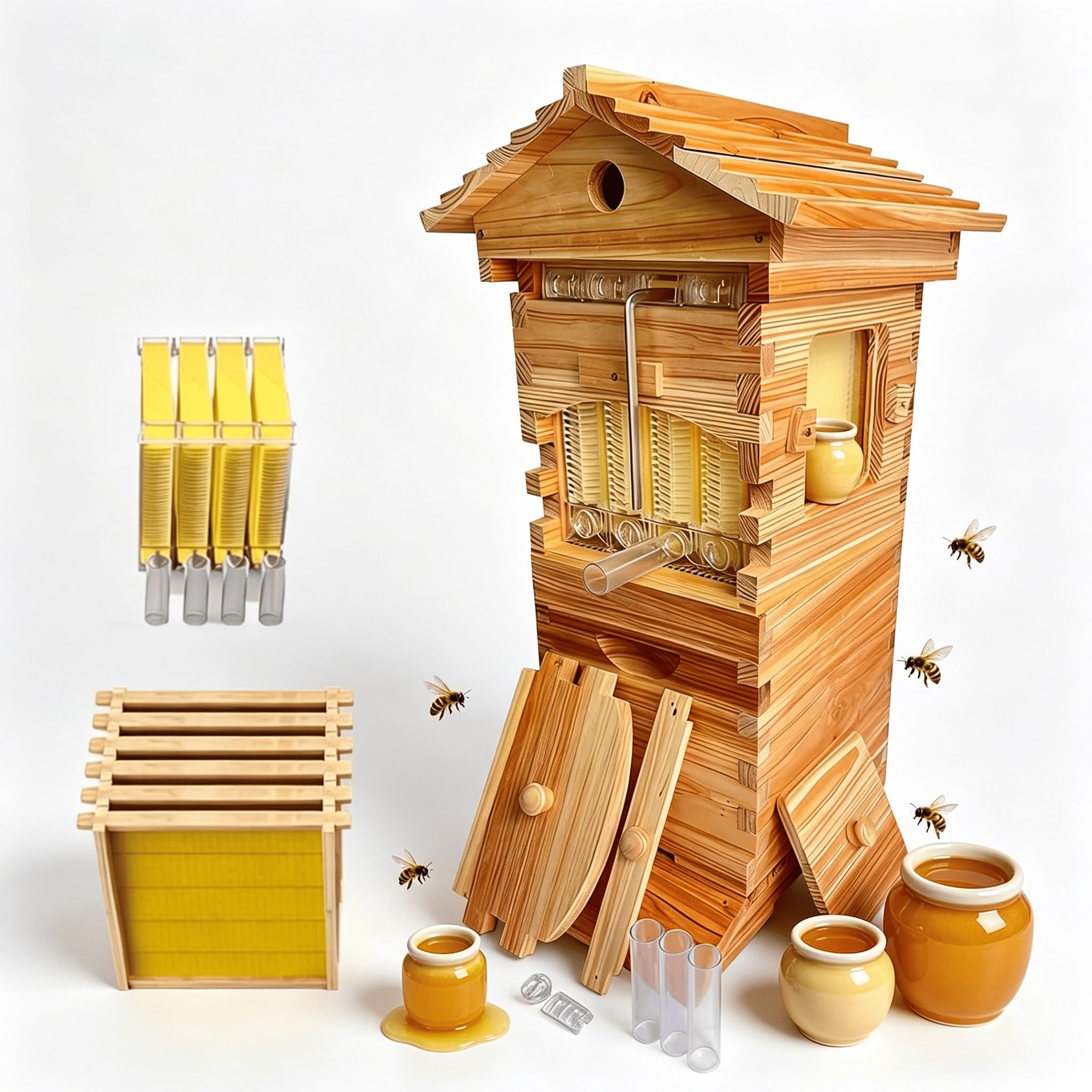 Flow Hive Imker-Starterset, Selbstfließende Bienenbox aus Holz mit Beobachtungsfenster & Honigauslauf,ideal für die Honigernte im eigenen Garten.