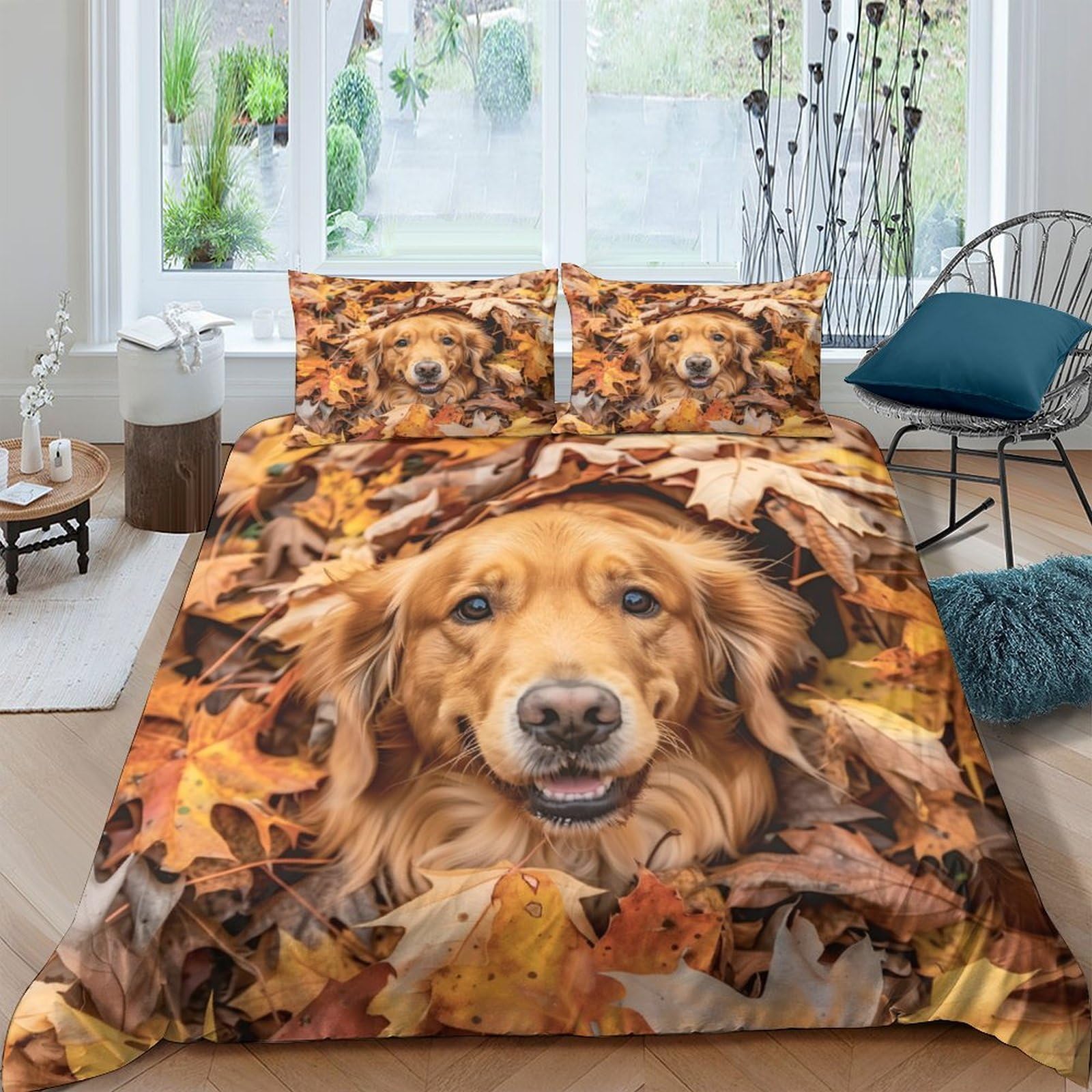 Ctjqhvkz Style-5 3D Printed Golden Retriever Fitted Sheet Microfiber Autumn Leaves Bed Cover Anti-Slip Easy Care For Bedroom Guest Room Decor Single（135X200cm）