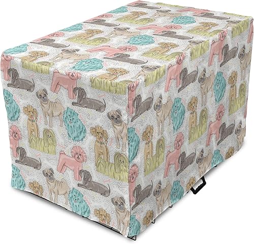 Ambesonne Funda para jaula para perros, patrón con cachorros de raza pura, Bichon Pug Spitz Dachshund Poodle Shih Tzu, fácil de usar, funda para