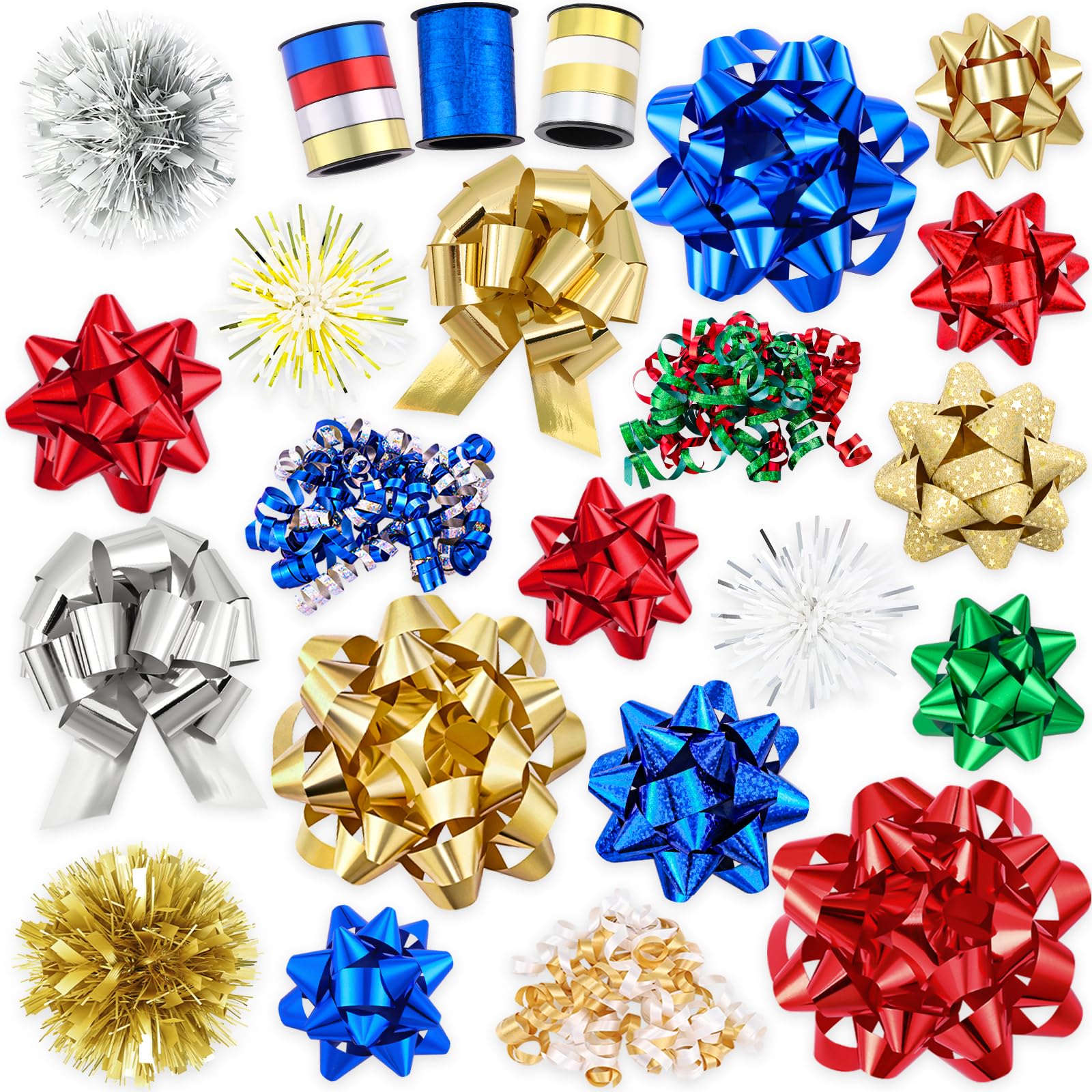 XIMISHOP 23PCS Christmas Metallic Gift Bows, Assortment Wrapping Bows Mini Christmas Self Adhesive Metallic Foil Bows for Christmas Party,Gift Wrapping,Weddings,Craft(Red Blue Gold)