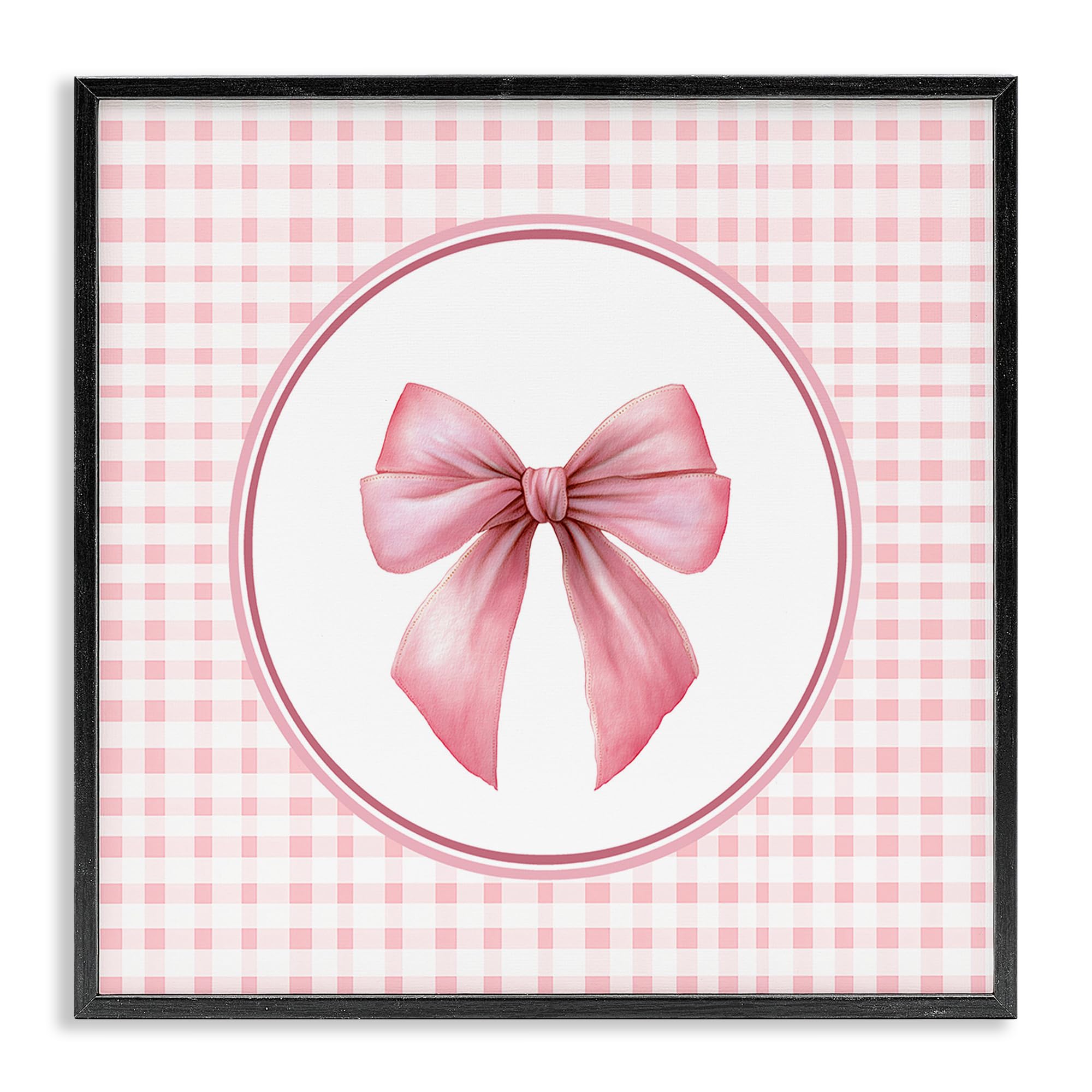 Stupell Industries 'Pink Bow with Circular Gingham', Framed Giclee Art, Black, 24 x 24 Inches, Easy to Hang and Sturdy, Made in USA, by Christine Simpson Art
