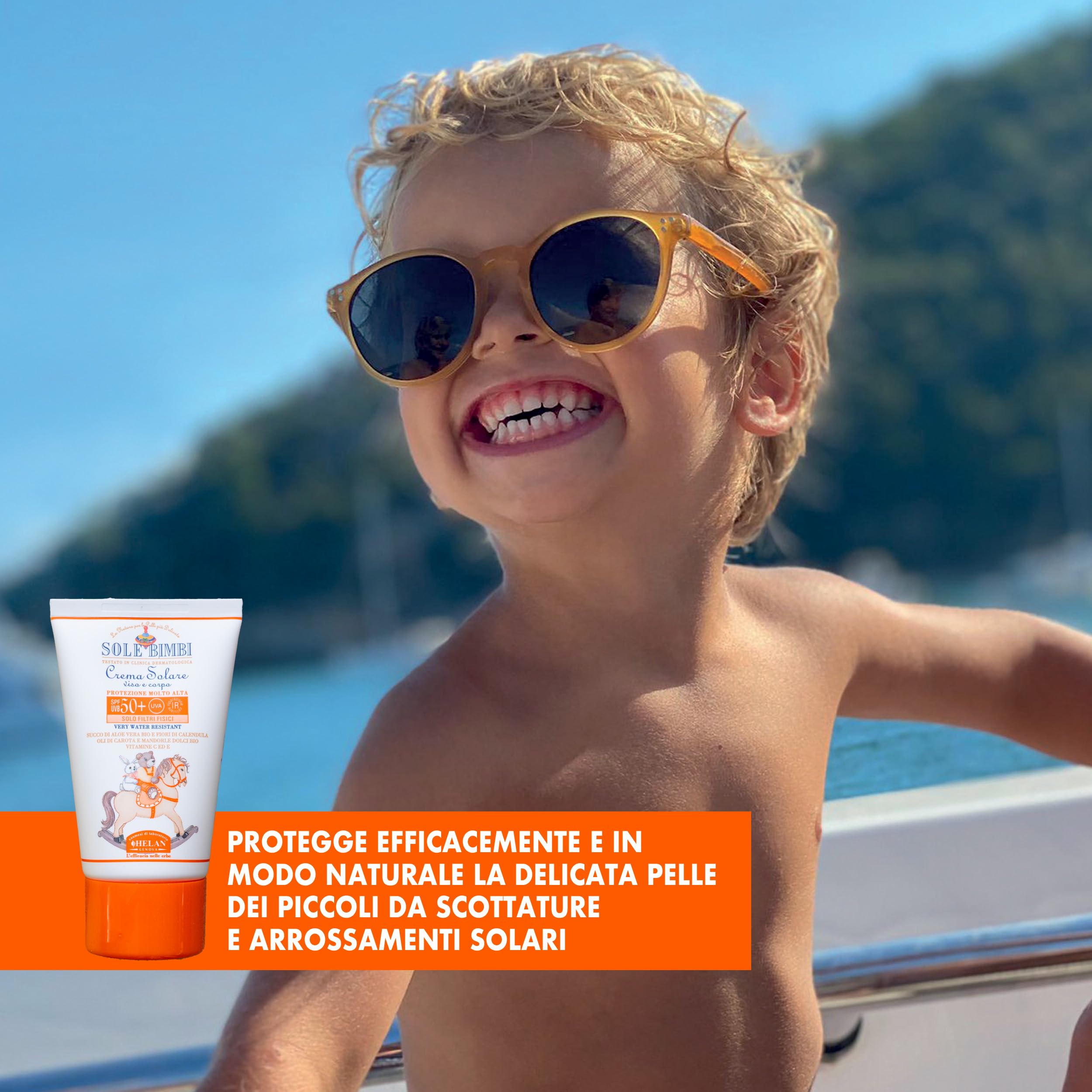 Helan, Sole Bimbi - Crema Solare 50+ Bambini e Neonati, Protezione Solare 50+ SPF Molto Alta contro Raggi UVB/UVA, Crema Solare Viso e Corpo con Olio di Mandorle Dolci, Vitamina E e Aloe Vera, 50 ml