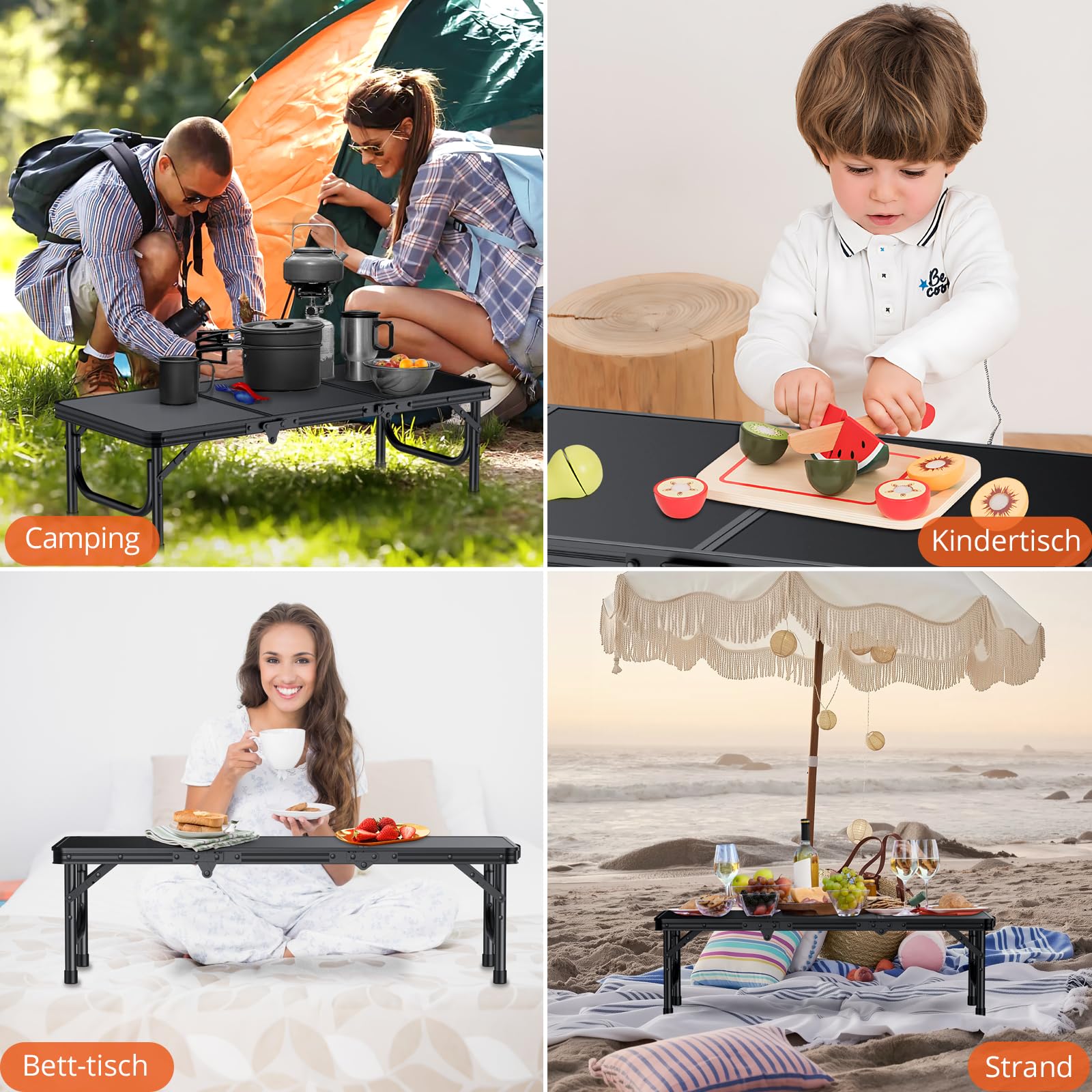 FUNYKICH 3ft Klappbarer Campingtisch 87x40x26cm, Kleiner Faltbarer Klapptisch mit Tragetasche, Aluminium Tragbar Falttisch, MDF Platten Multifunktionstisch für Picknick Camping Strand Balkon, Schwarz