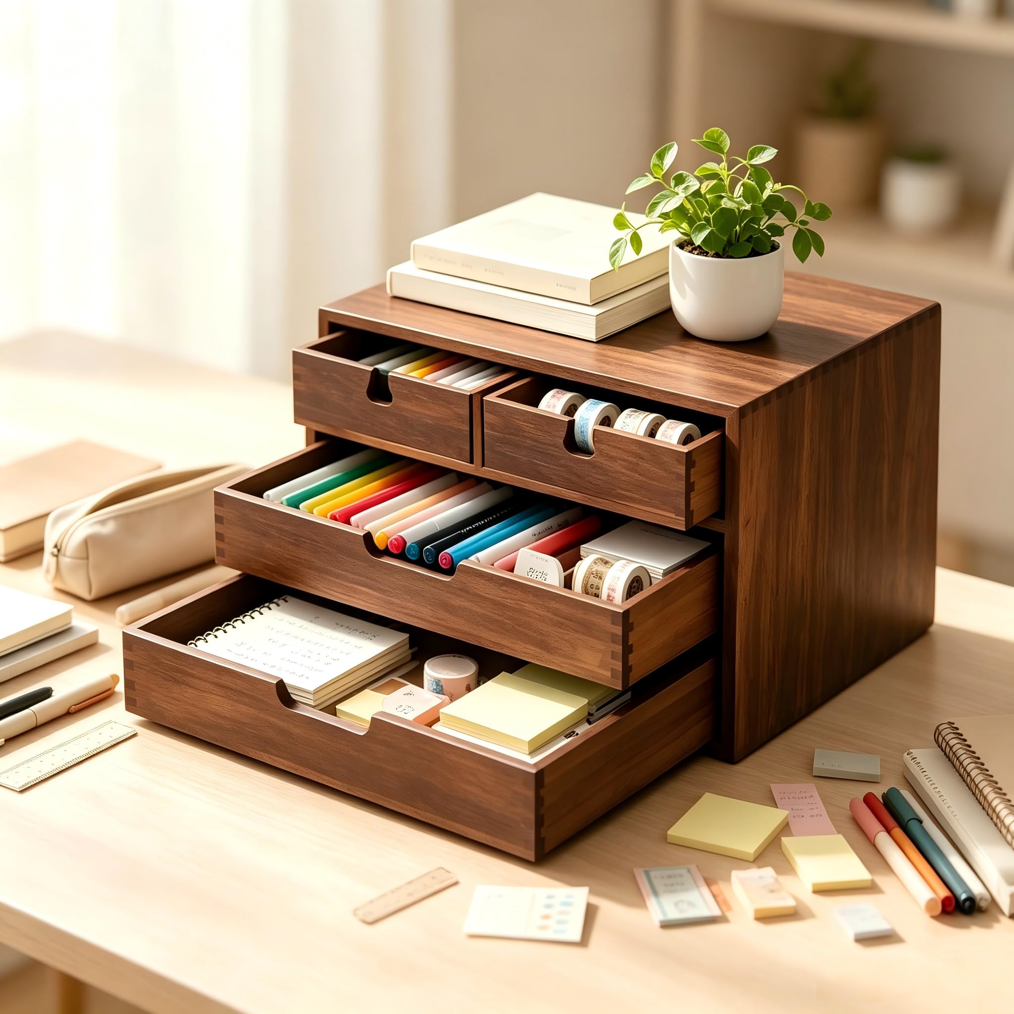 DEAYOU Bambus-Schreibtisch-Organizer, 100% natürlicher Bambus, Schreibtisch-Organizer, dunkelbraune Tisch-Aufbewahrungsbox mit 4 Schubladen für Make-up, Briefe, 3 Ebenen, vollständig montiert