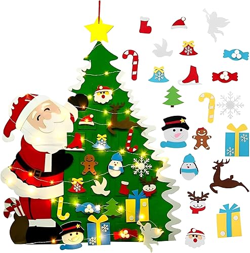Montessori - Árbol de Navidad de fieltro para niños pequeños, árbol de Navidad de pared de 3.2 pies con 32 adornos y luces LED, árbol falso