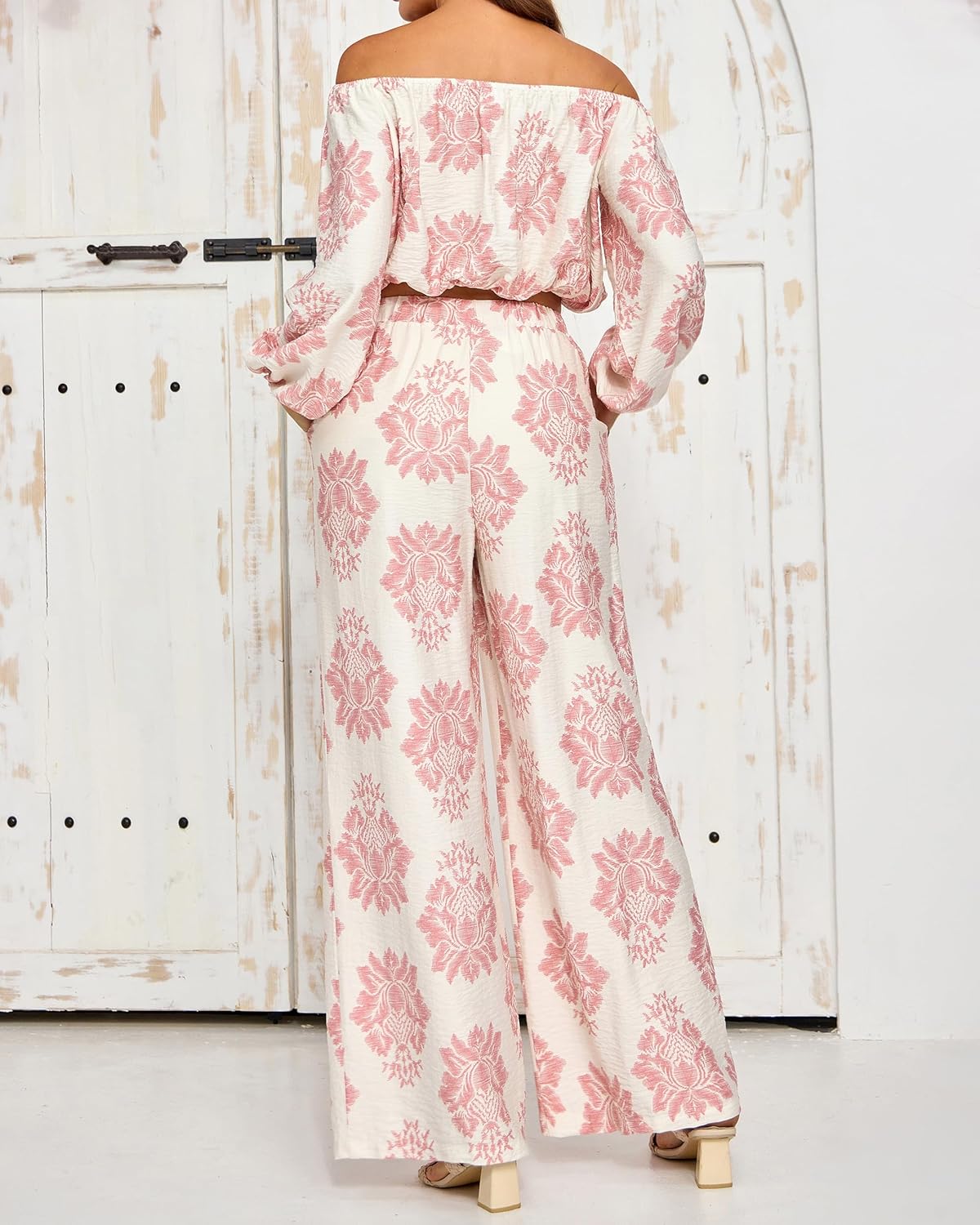 Women 2 Piece Floral Outfits Long Sleeve Off the Shoulder Crop Tops Matching Wide Leg Palazzo Pants