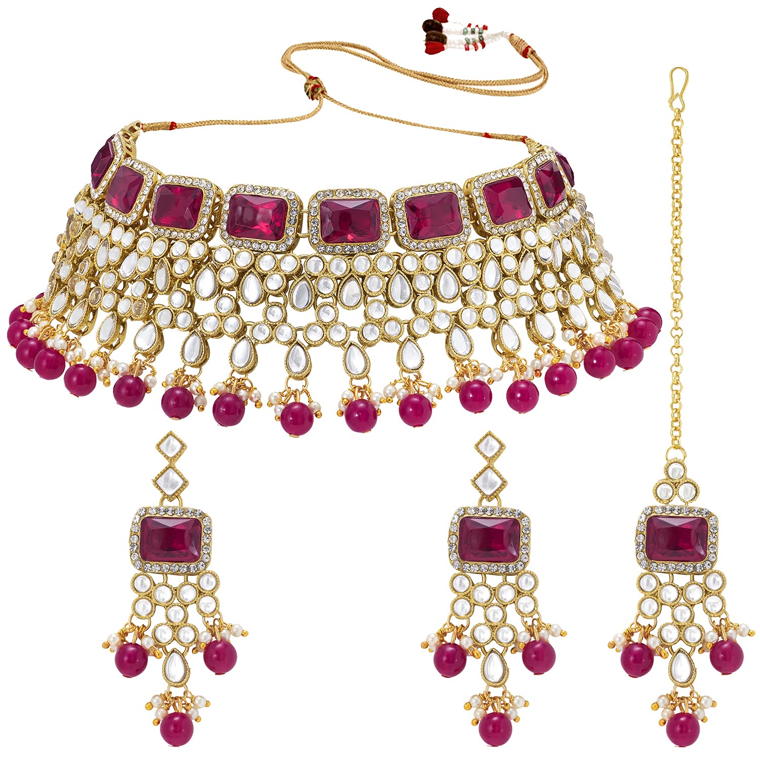 Peora Traditional Rani Pink Crystal Choker Necklace Earring Maang Tikka Jewellery Set for Women Girls (B09GRDV1RT) Amazon Price History, Amazon Price Tracker