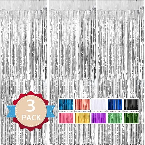 Paquete de 3 cortinas de oropel plateadas de 3.3 pies x 9.9 pies, decoración de fondo de fiesta con flecos metálicos para decoración de despedida de