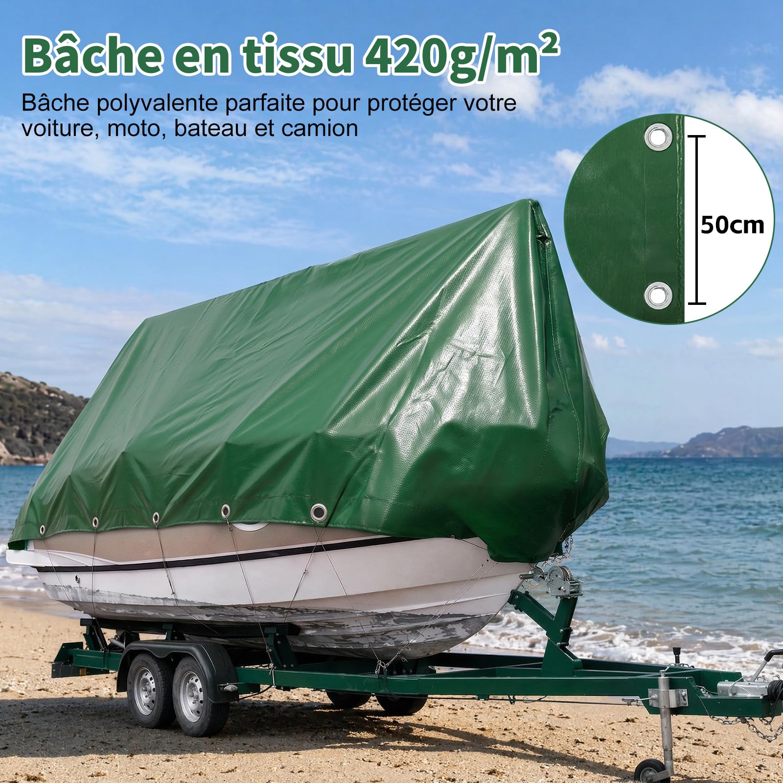 ele ELEOPTION 420g/m² Bâche PVC Lourde Vert, Toile Imperméable Résistante à la Déchirure, Résiste au Gel & Intempéries avec Œillets Renforcés, pour Jardin, Toit, Remorque, Bateau & Cure Béton(2 * 3m)