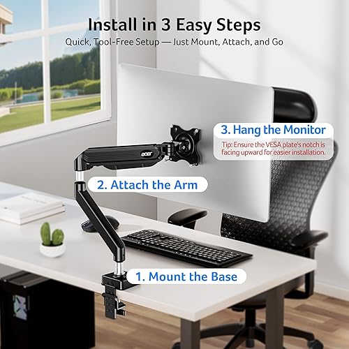 Miniatura 6 de Acer Soporte para monitor único, brazo de monitor de resorte de gas para pantallas de 17 a 34 pulgadas, montaje VESA con abrazadera en C y base de
