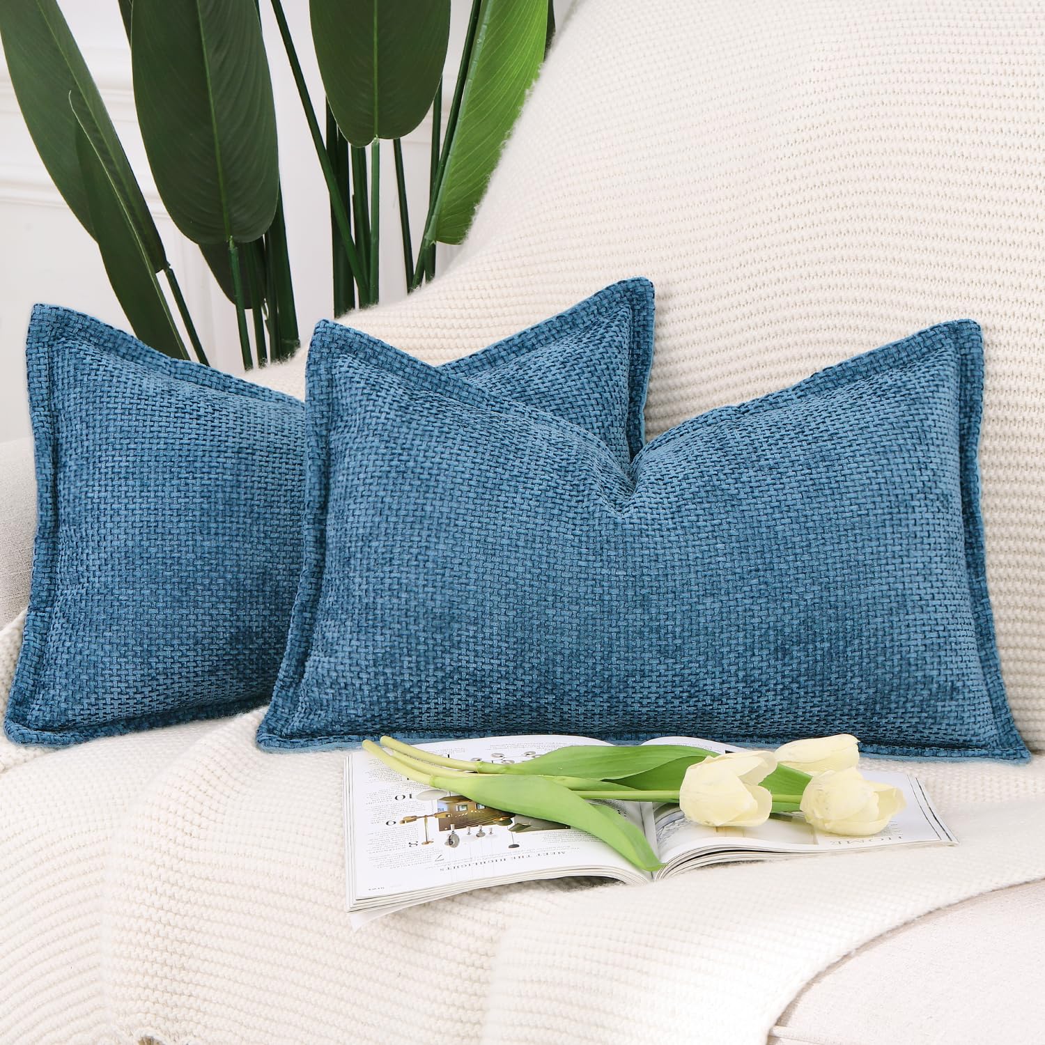 Madizz Set of 2 Chenille Velvet Cushion Covers with Flange Soft Boho Textured Throw Pillow Covers Broadside Pillowcases Modern Farmhouse Home Decor for Sofa Bedroom Dark Blue 12x20 inch