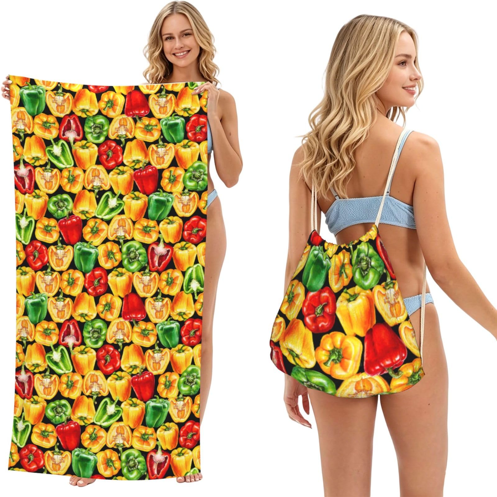 Poadnly As Picture Watercolor Bell Pepper, 2 In 1 Packable Towel Bag, Beach Towels With Drawstring Backpack For Travel Holiday Camping