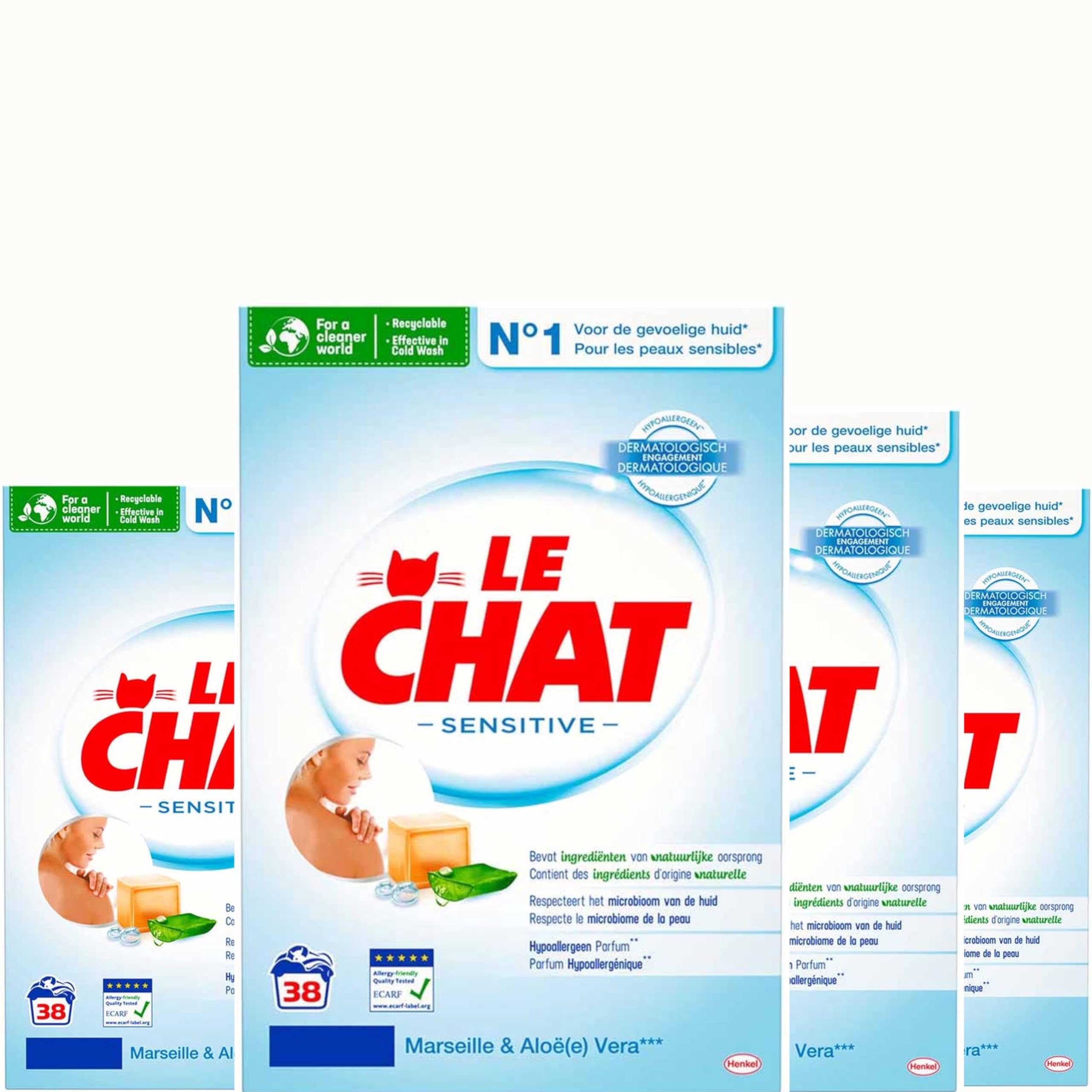 Le Chat Sensitive Lessive en Poudre - Marseille & Aloe Vera - Pack Avantage 4x38 Lavages