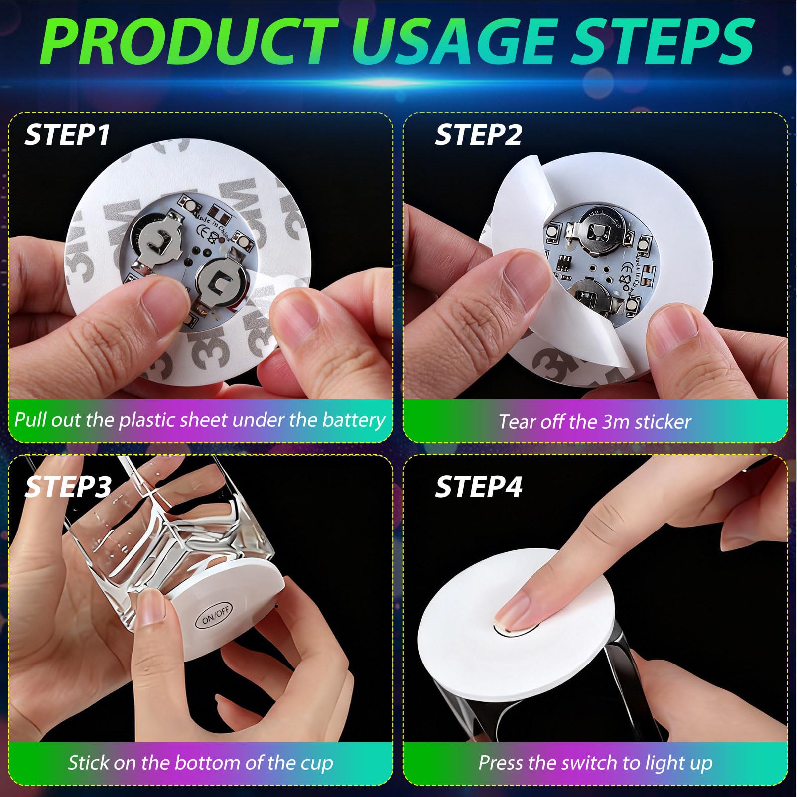 Posavasos LED Autoadhesivos 6cm 7 Modos de Luz 16 Piezas