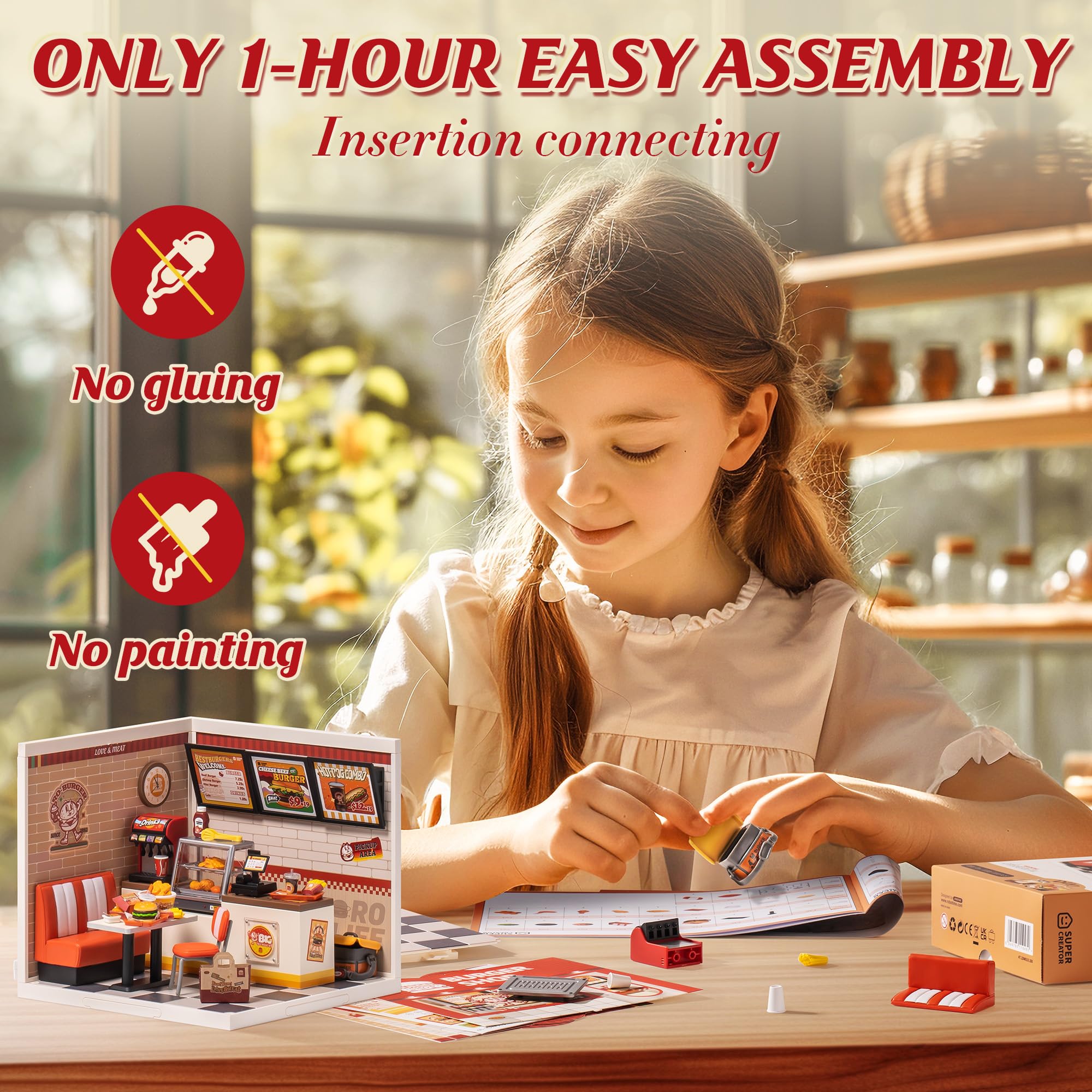 ROBOTIME DIY miniatuur huis kit, poppenhuis modelbouw ambachtelijke kit met LED voor volwassenen en kinderen, verjaardagscadeau voor kinderen (Burger Shop