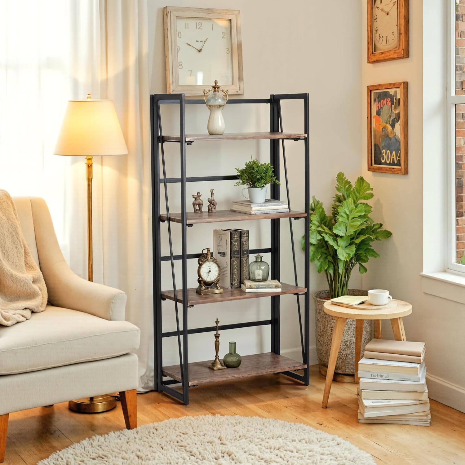 Homy Casa Foldable 4-Tier Ladder Shelf, Freestanding Industrial Bookshelf with Metal Frame & MDF Wood Shelves – Rustic Living Room Display Rack for Books, Décor & Plants