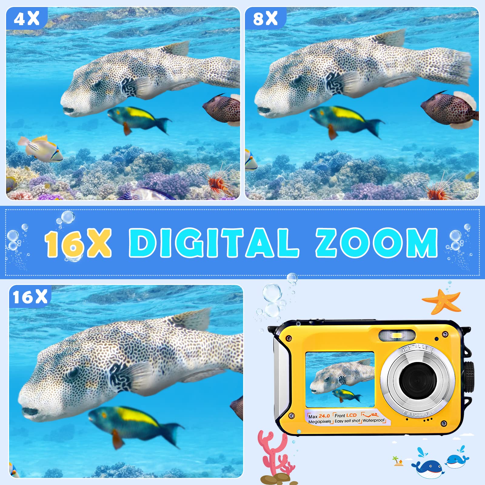 Appareil Photo Etanche Numérique,Full HD 2.7K 24MP Caméra sous-Marine Zoom Digital 16x Camera Etanche avec Double écran Caméra pour Adolescents Élèves Débutants Jaune