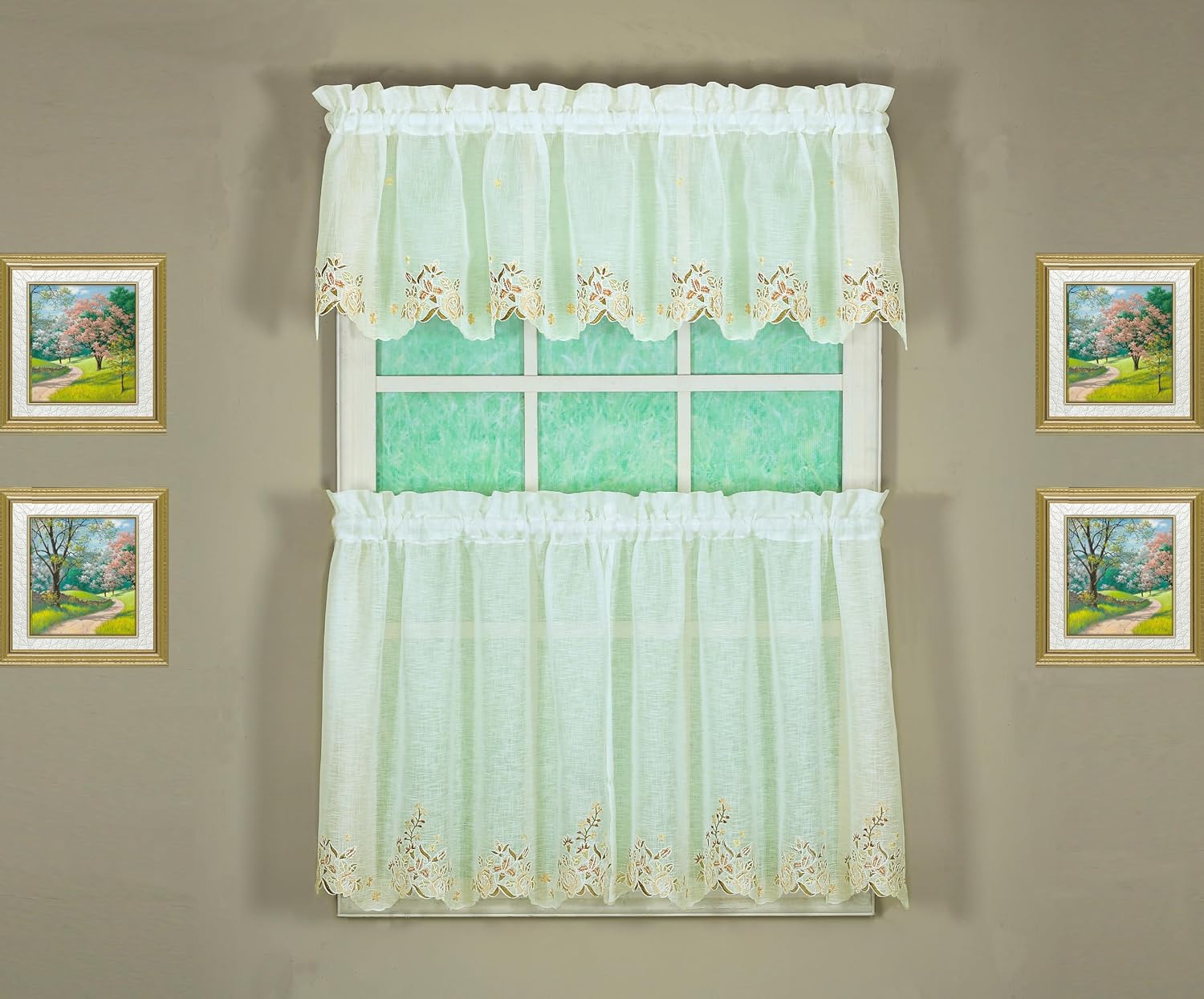 Today's Curtain, Isabella Embroidered Semi Sheer Tier 30", Ecru/Taupe, 60" W x 30" L