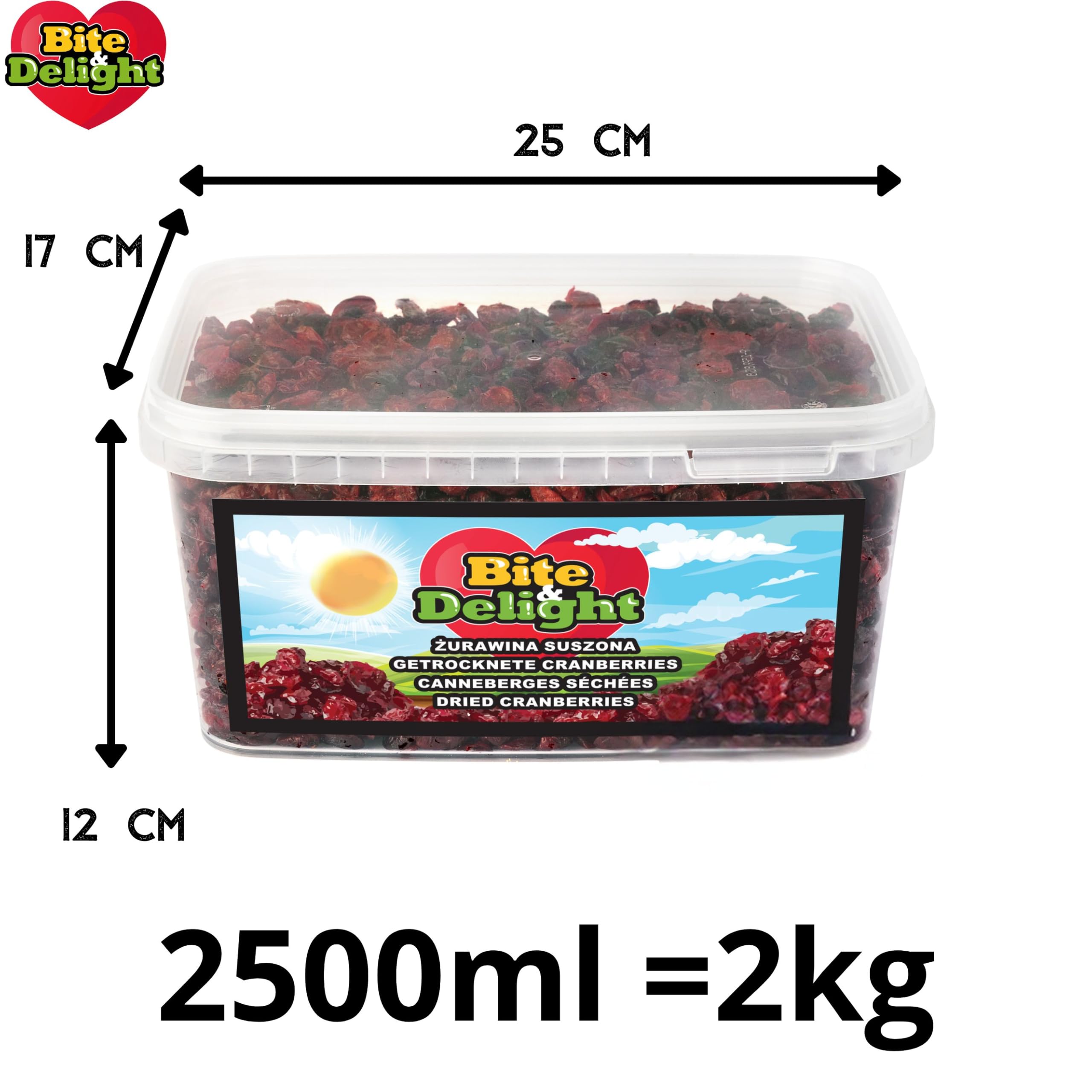 Bite & Delight 2kg Arándanos Secos - Frutas Secas Frescas, Bajo en Azúcar, Ácidas, Snack Saludable