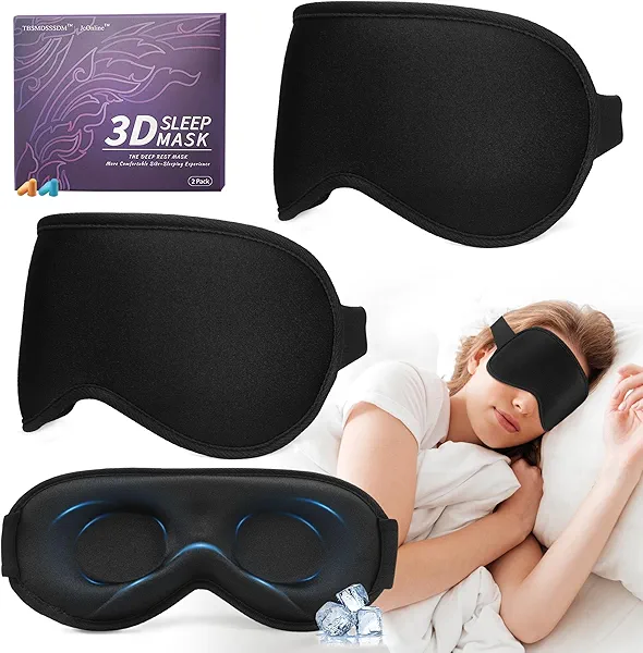 3D Sleep Mask for Men Women 2 Pack, Blackout Eye Mask for Sleeping Eye Mask for Side Sleeper, Memory Foam Adjustable&Washable, Airplane Travel Essentials Couples Yoga Meditation Office Black-Ice Silk