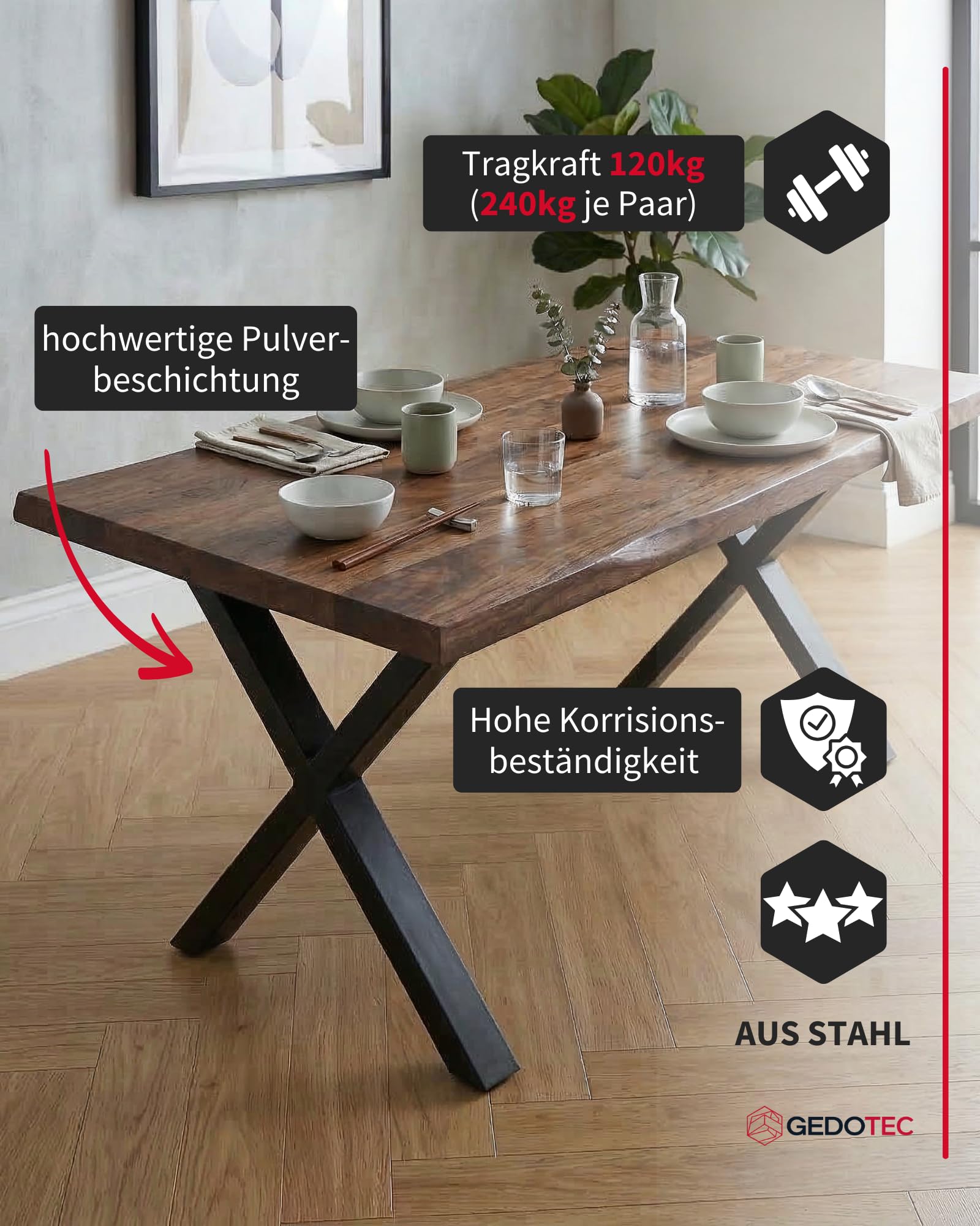 Gedotec 2 Tischbeine X-Form, schwarzes Metall 710 x 580 mm, Tischkufe im Industriedesign, Tischgestell aus Stahl für Esstisch Schreibtisch oder DIY Möbel, mit Filzgleiter