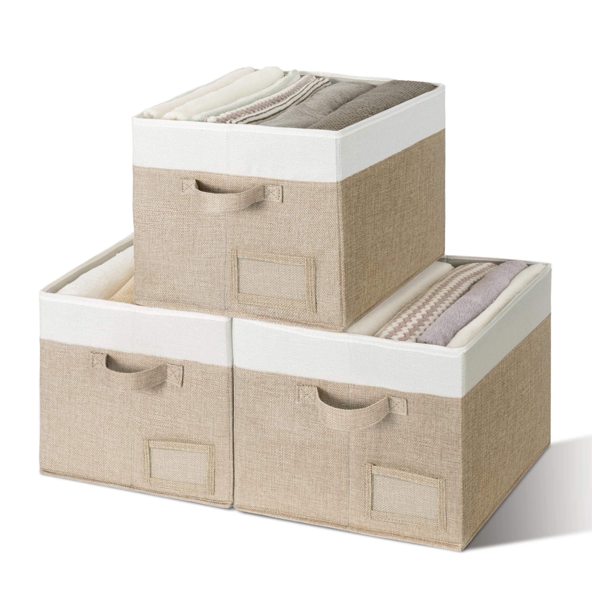 GRANNY SAYS Closet Storage Bins with Label, Khaki&Ivory, Large, 3-Pack | Closet Storage Bins, Large Fabric Storage Bins, Collapsible Clothing Storage and Organization, Decorative Storage Bins White&Kahki 15½"L x 11¾"W x 10¼"H