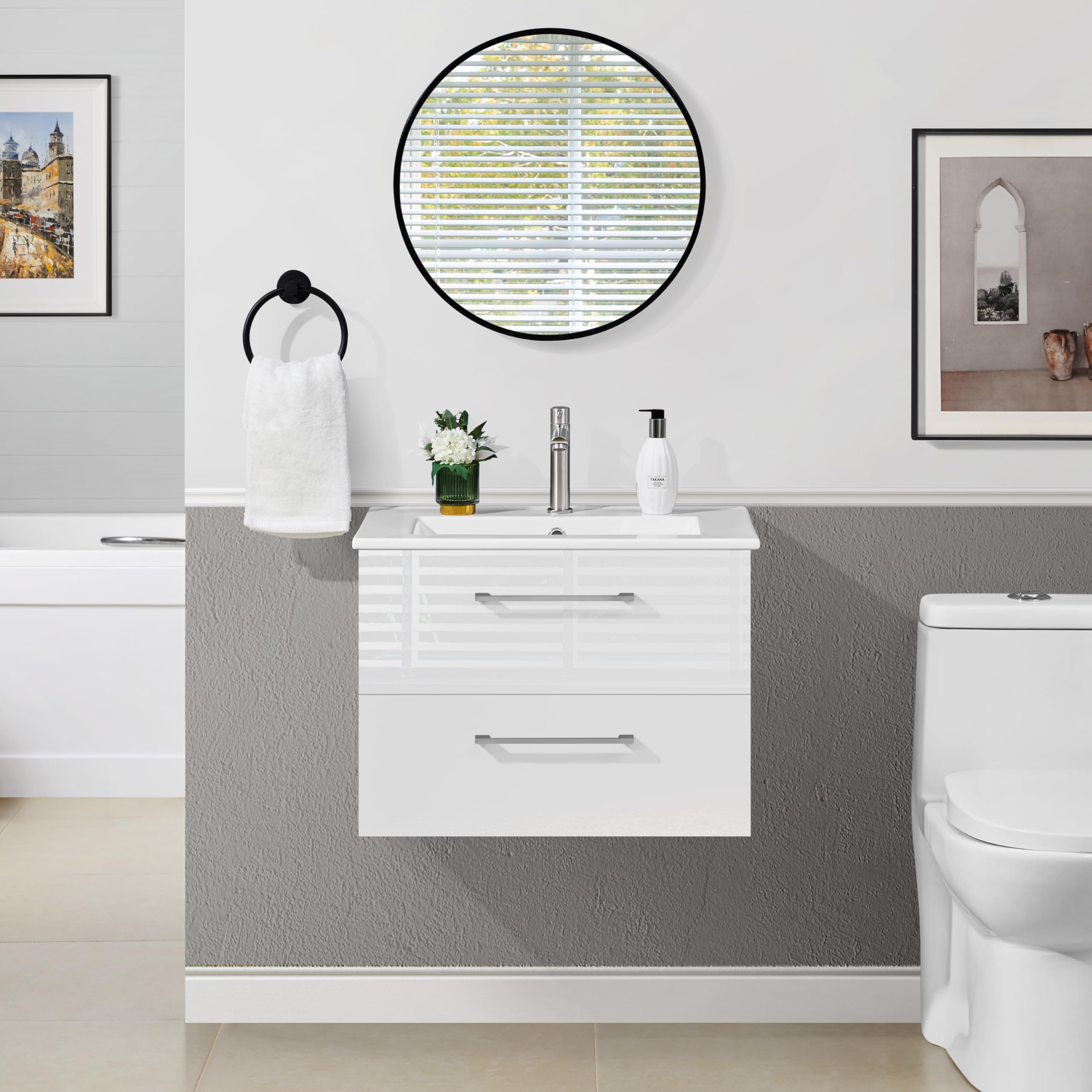 Yaheetech Meuble Salle de Bain avec Vasque Suspendu, Vasque Salle de Bain en Céramique, Meuble Lave Main WC, 61 × 39,5 × 45,5 cm, 2 Tiroirs, Désign Simple Moderne, Blanc