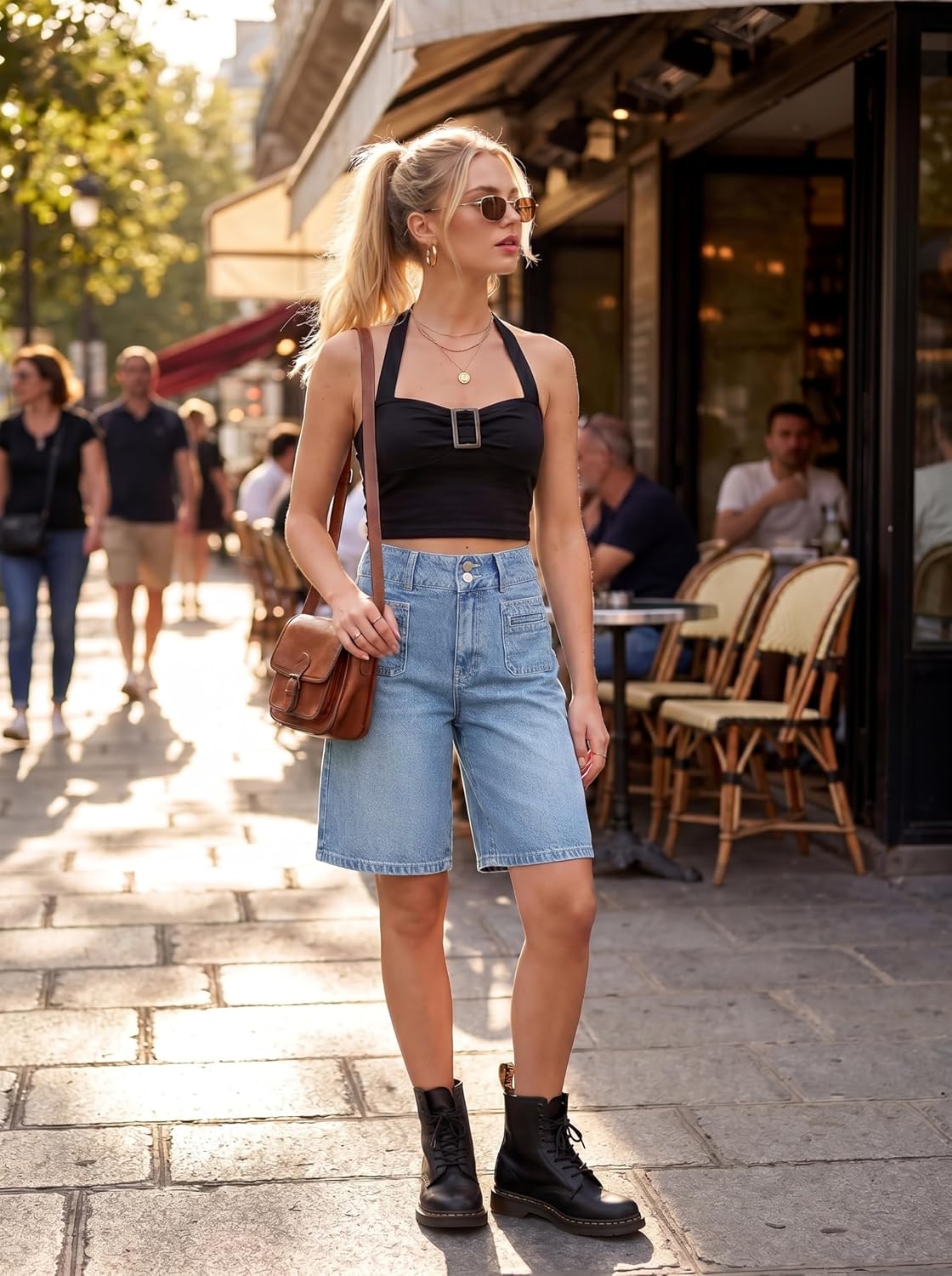 EMMIOL Bermuda Jean Shorts for Women Long Knee Length High Waisted Stretchy Cotton Jorts with Pockets Denim Summer Clean Fit