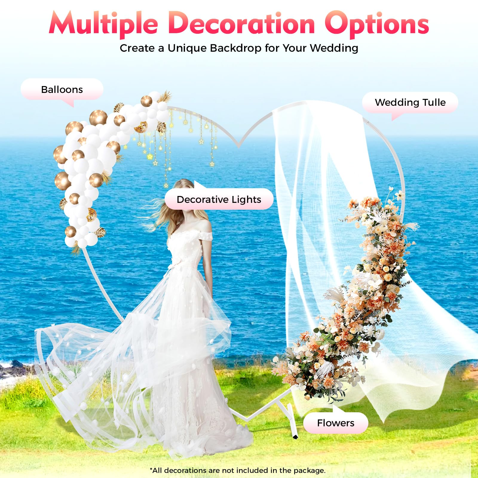 Herzbogen Hochzeit 2 x 2,1 m, Hochzeitsbogen Metall Freistehend, Weißer Trauungsbogen für Hochzeit, Ballonbogen Gestell, Deko Bogen für Geburtstag, Party, Garten & Fotohintergrund