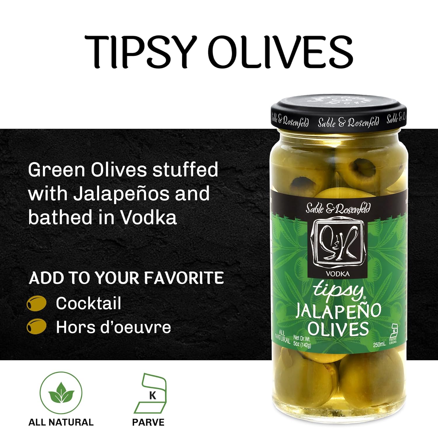 Sable & Rosenfeld Vodka Kicked Jalapeno Tipsy Olives, 5-Ounce Glass Jars (Pack of 6)