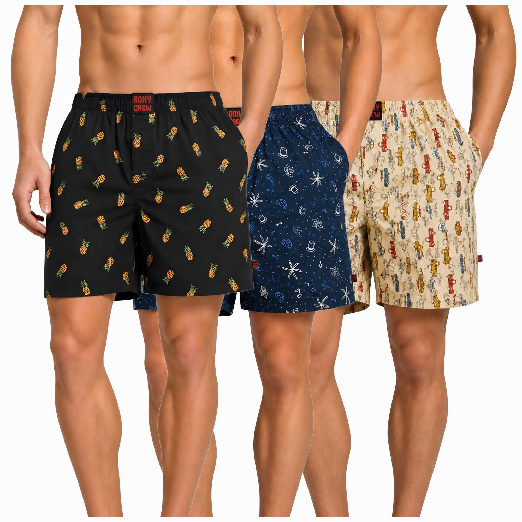 Men's 100% Cotton Boxer Shorts Pack of 3, Charcoal, Navy Blue & Beige | Woven Boxers with Side Pockets, No-Marks Elastic Waistband, Breathable Relaxed Fit | Style 004-007-013-image-17