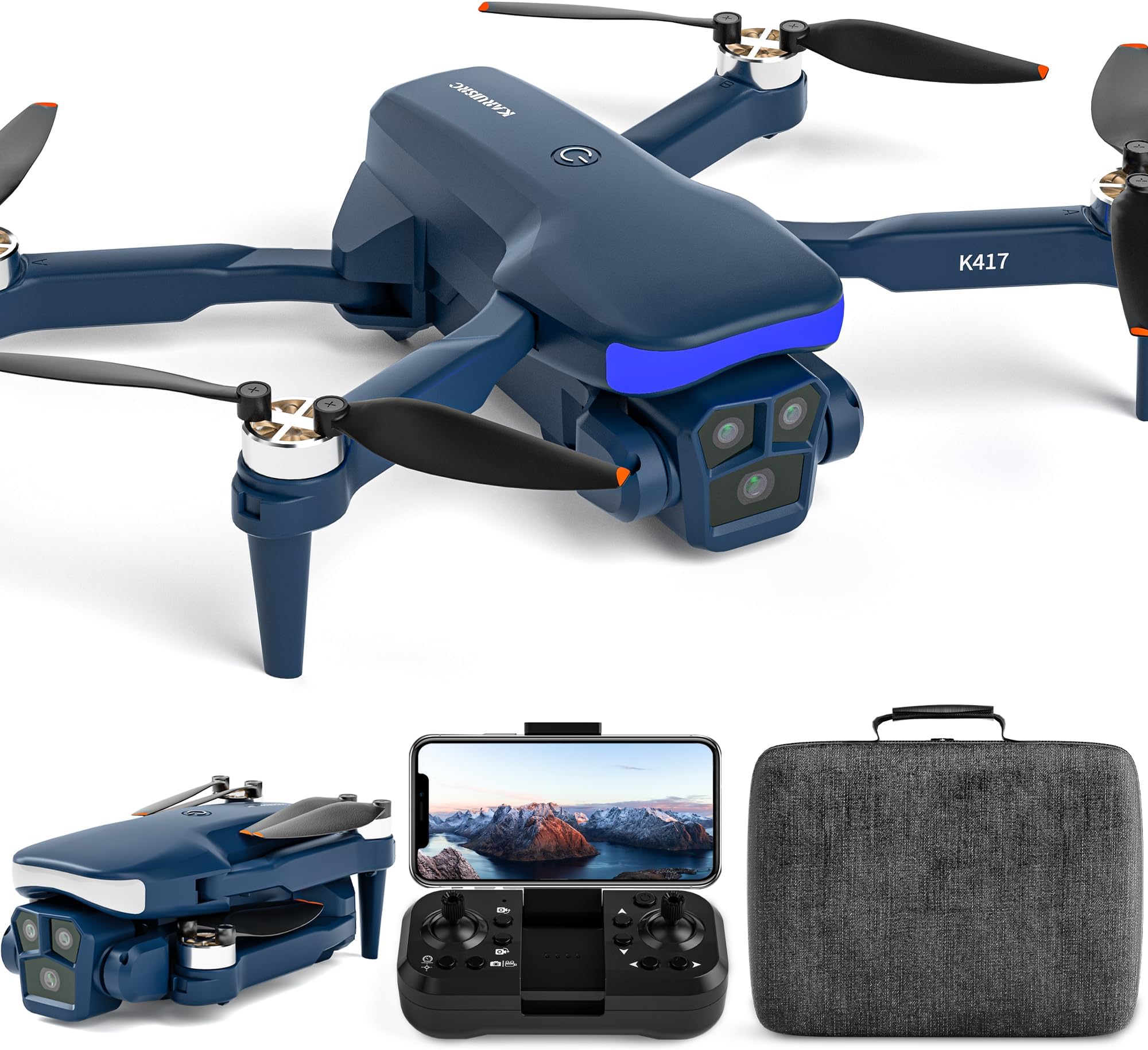 K417 Drone with Camera 1080P HD,Blue LED Lights AI Drones,90° Electric Adjustable with 2 Cameras for Adults,FPV Transmission,Remote Control Quadcopter with Altitude Hold for Beginners,Carry Case