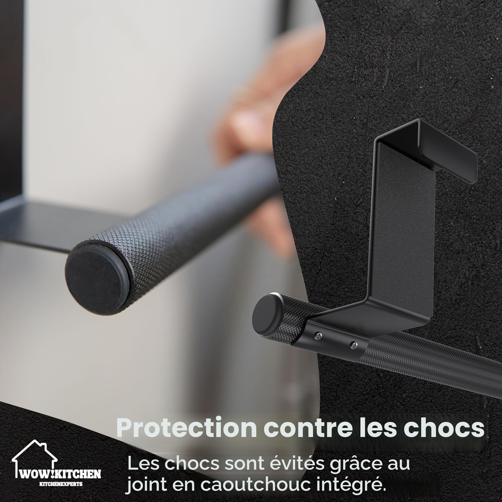 Wow!Kitchen Porte-serviettes sans perçage pour cuisine – Antidérapant et stable – Les torchons restent accrochés grâce à la surface spéciale – Pas de collage, pas de perçage – Noir
