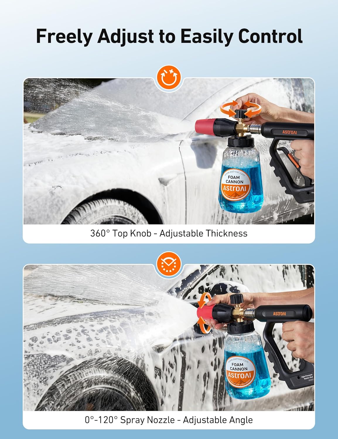 AstroAI Foam Cannon for Pressure Washer, Snow Clear Foam Cannon, Wide Neck Foam Blaster Adjustable Nozzle for Car Wash Accessories, with 1/4 Inch Quick Connector, 1 L Clear Bottle