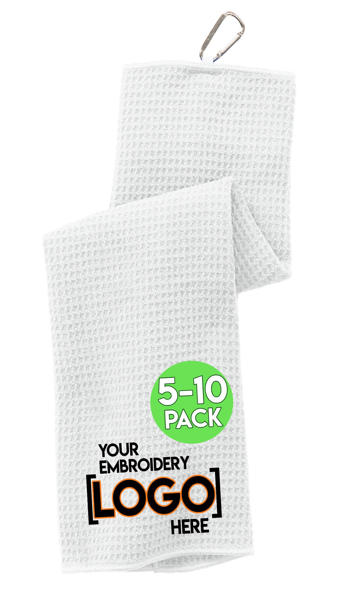 Personalized Custom Golf Towel, 5 or 10 Pack - Add Your Embroidered Logo - Trifold Golf Towels with Center Loop and Carabiner Clip, Hook