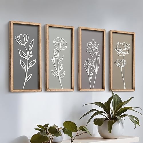 Decoración de pared de baño floral de madera 3D (juego de 4) ligera, lista para colgar, arte de pared enmarcado para sala de estar, dormitorio u