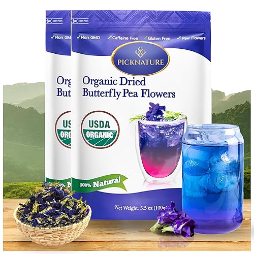 PICKNATURE Té de flores de guisante de mariposa orgánico USDA 100% Hoja suelta recién recogido de Tailandia 7.0 onzas (2 paquetes de 600 tazas)
