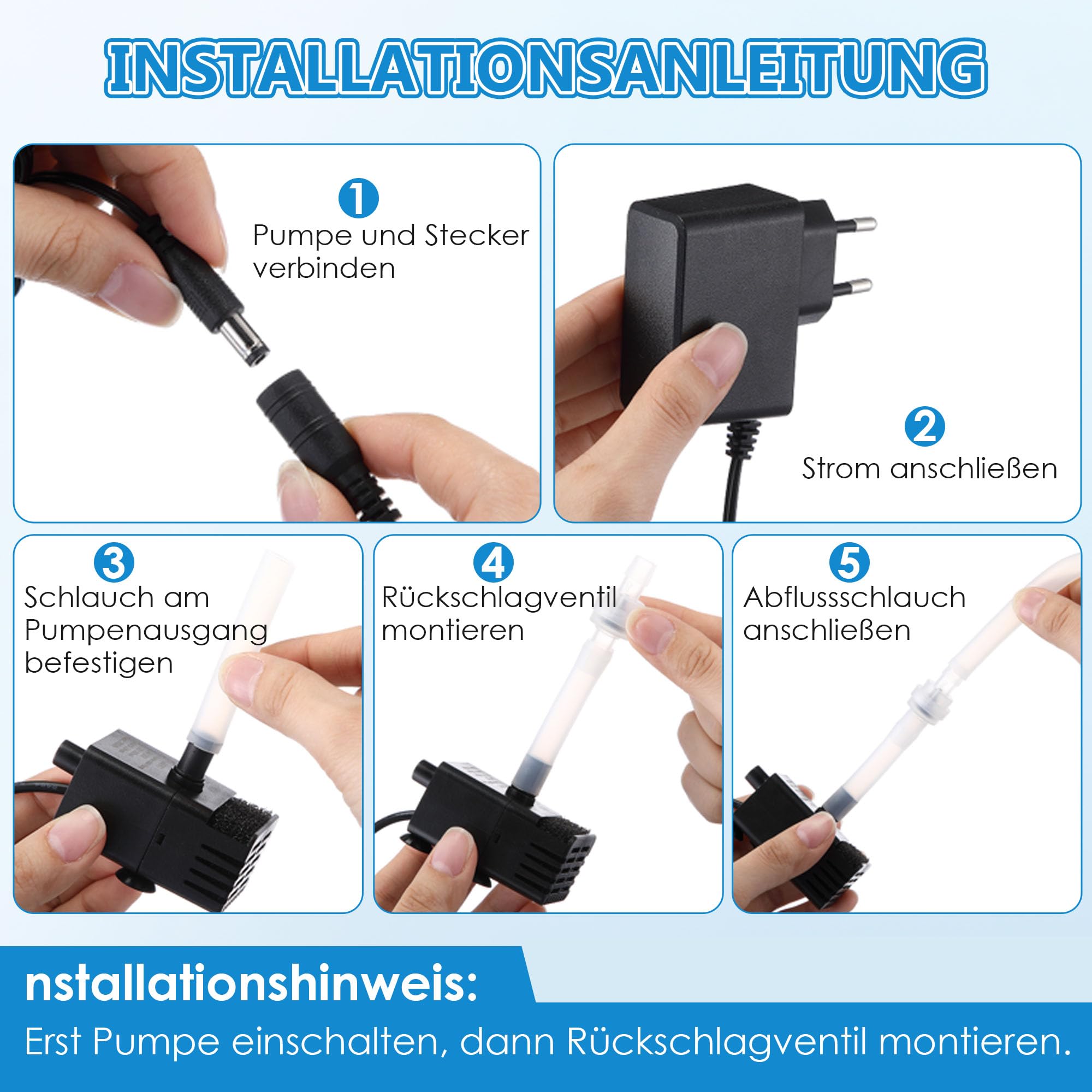 Weewooday Pompe mini automatique avec capteur d eau, tuyau 2,5 m & clapet, 280 L/h pour clim, déshumidificateur, sous-sol, machine à glaçons marche/arrêt automatique & silencieuse