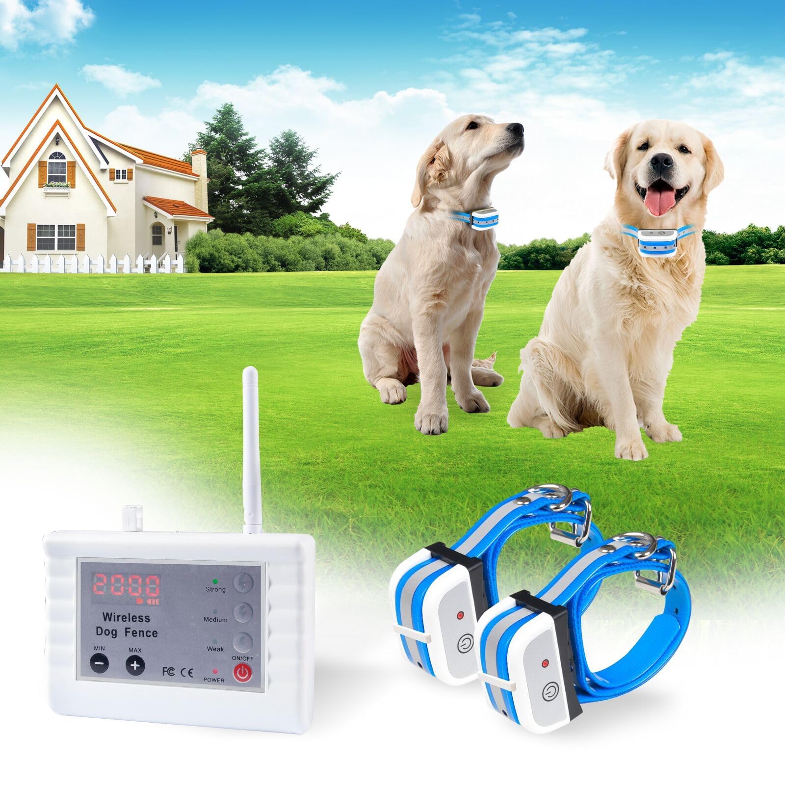 Wireless Dog Fence Two Way Signal Pet Containment System, Display Battery Level, Adjustable Control Range, Adjustable Warning Strength, Waterproof Rechargeable Dog Fence Collar