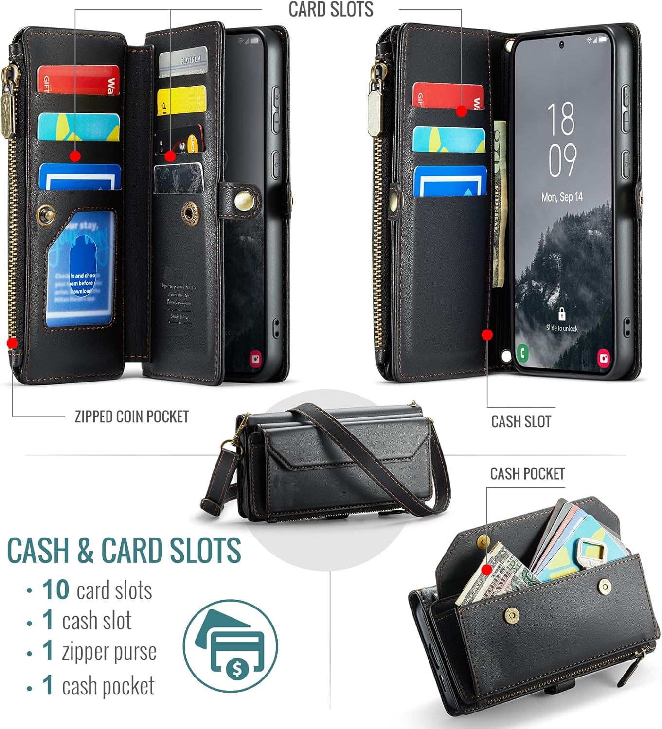 Asuwish Phone Case for Samsung Galaxy S25 5G Zipper Wallet Cover with Tempered Glass Screen Protector and Leather Flip RFID Blocking Cash Card Holder Cell Accessories S 25 25S G5 Women Men Girls Black