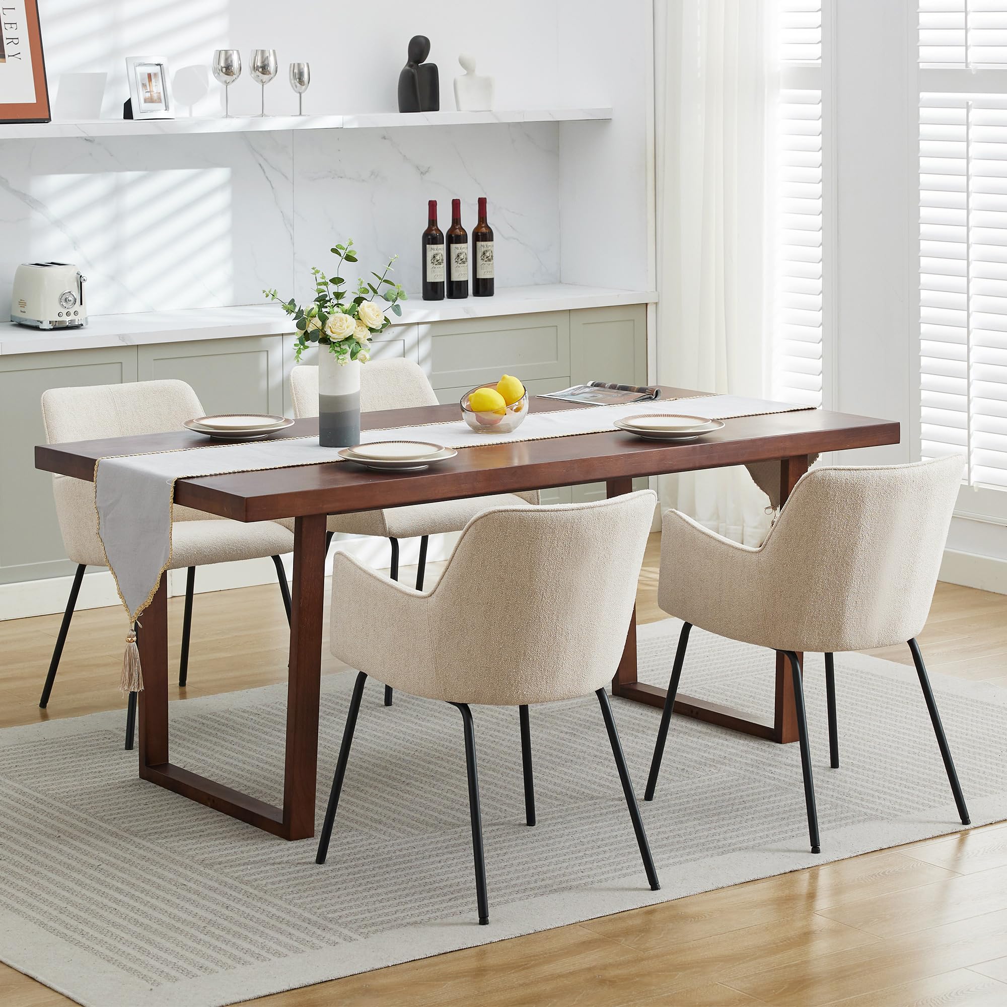 ONEVOG Beige Dining Chairs Set of 4, Modern Upholstered Kitchen Room Chairs with Padded Arms and Wide Seat for Small Space, Comfy Linen Fabric Accent