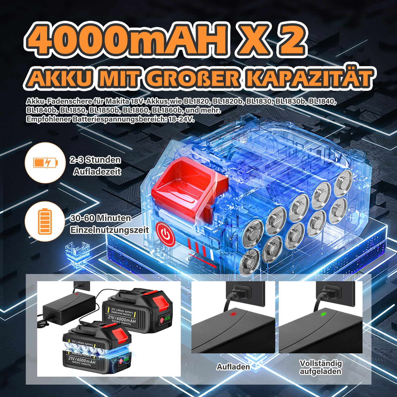 Desbrozadora Batería 21V, Desbrozadora Eléctrica con 2x4.0Ah Baterías y Cargador, 3 En 1 Cortabordes Bateria con Mango Retráctil para Césped, Arbustos y Maleza