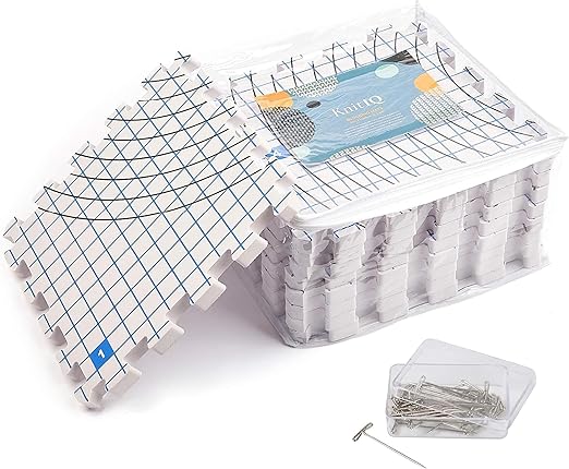 KnitIQ Blocking Mats for Knitting - Extra Thick Blocking Boards with Circular Gridlines for Needlework and Crochet Projects- 100 T-Pins and Storage Bag Included - Standarded Radial Mat Set - Pack of 9