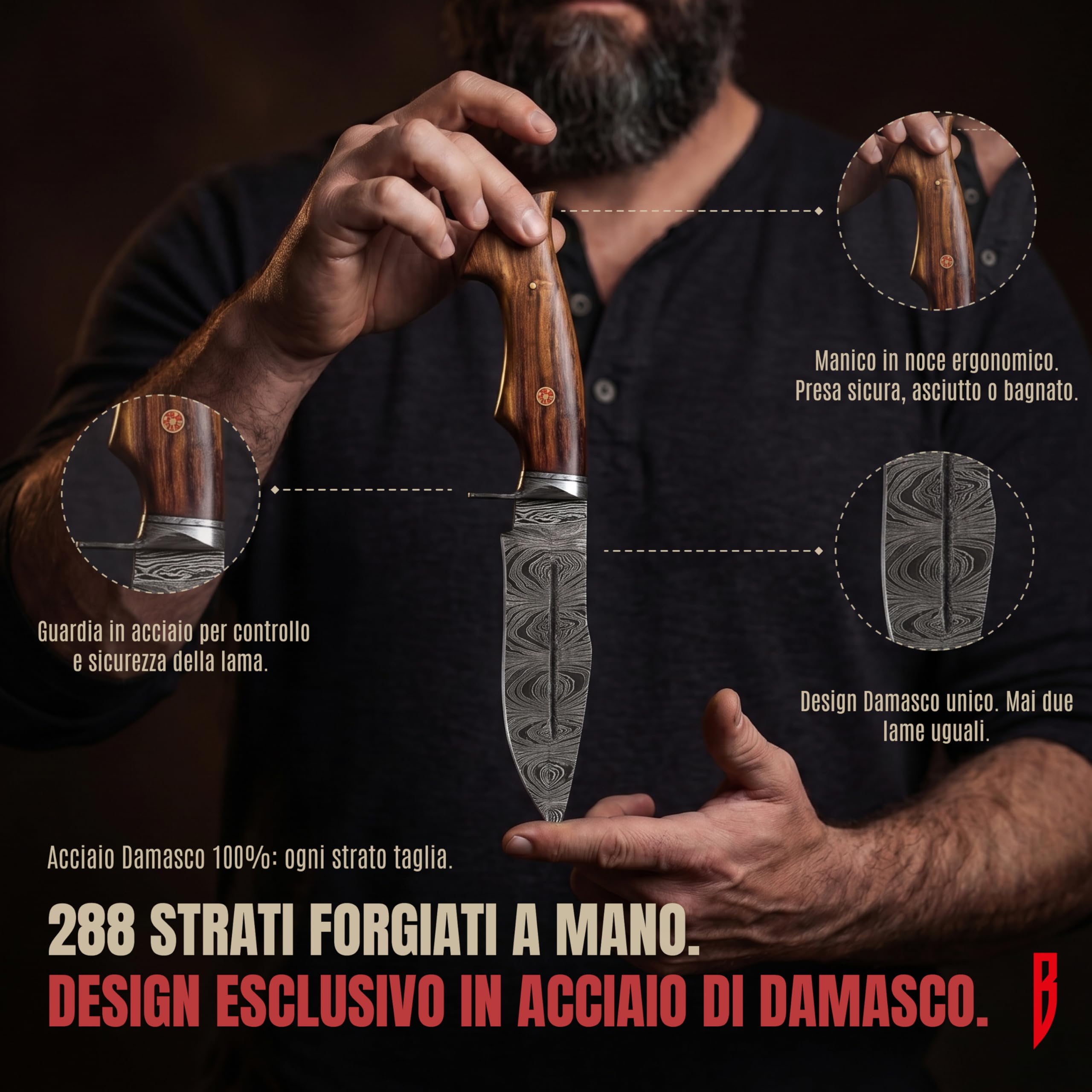 BIGCAT ROAR Beast Hunter - Coltello da Caccia Artigianale in Acciaio Damasco 25 4 cm - Manico in Legno di Noce e Fodero in Cuoio - EDC Bushcraft Campeggio Sopravvivenza - Idea Regalo Uomo Cacciatore