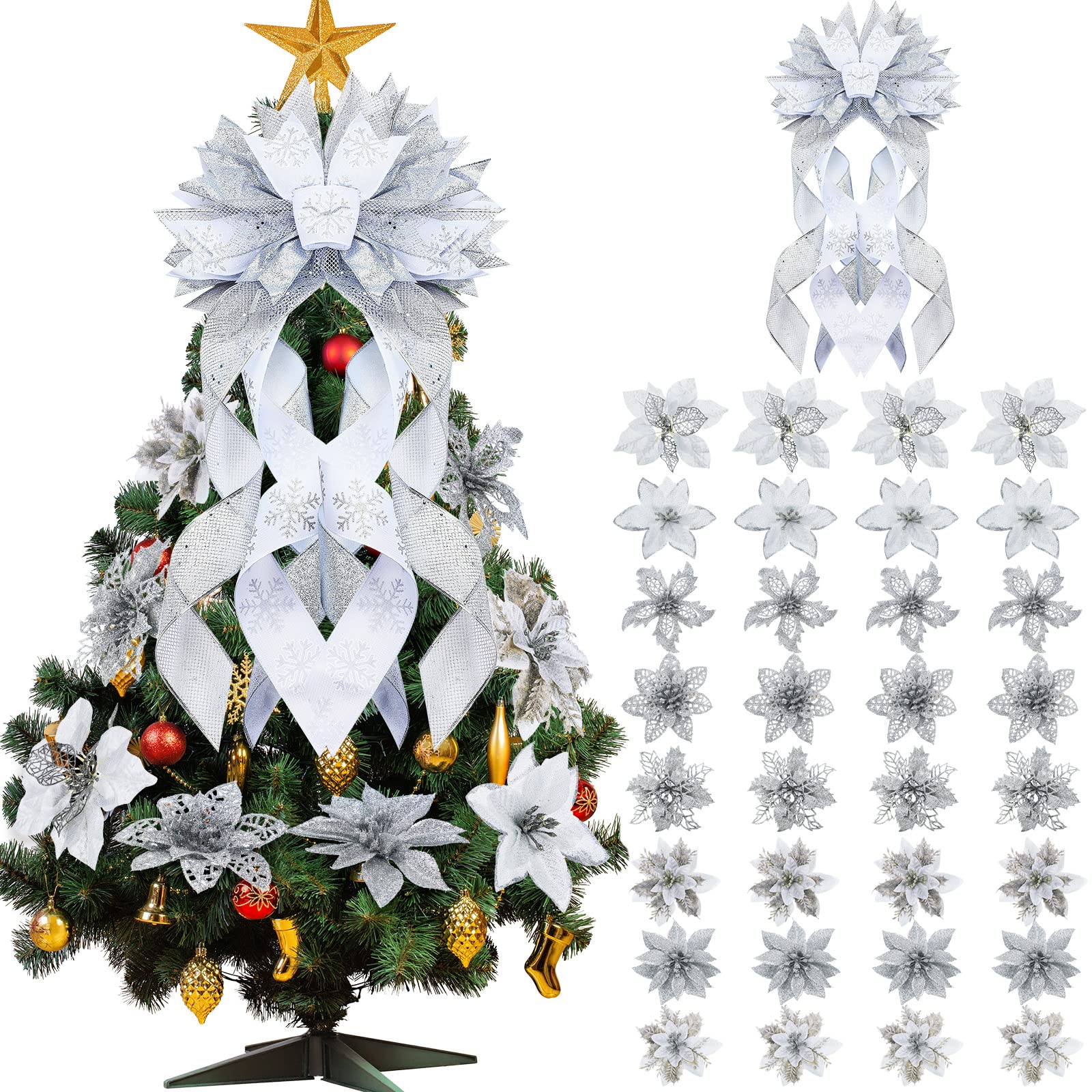 Christmas Tree Decoration Set Include 33 Pcs Poinsettia Glitter Flower and Large Christmas Tree Topper Bow Artificial Xmas Tree Flower with Clip for Wedding Wreath Stair Fireplace Floral DIY (Silver)